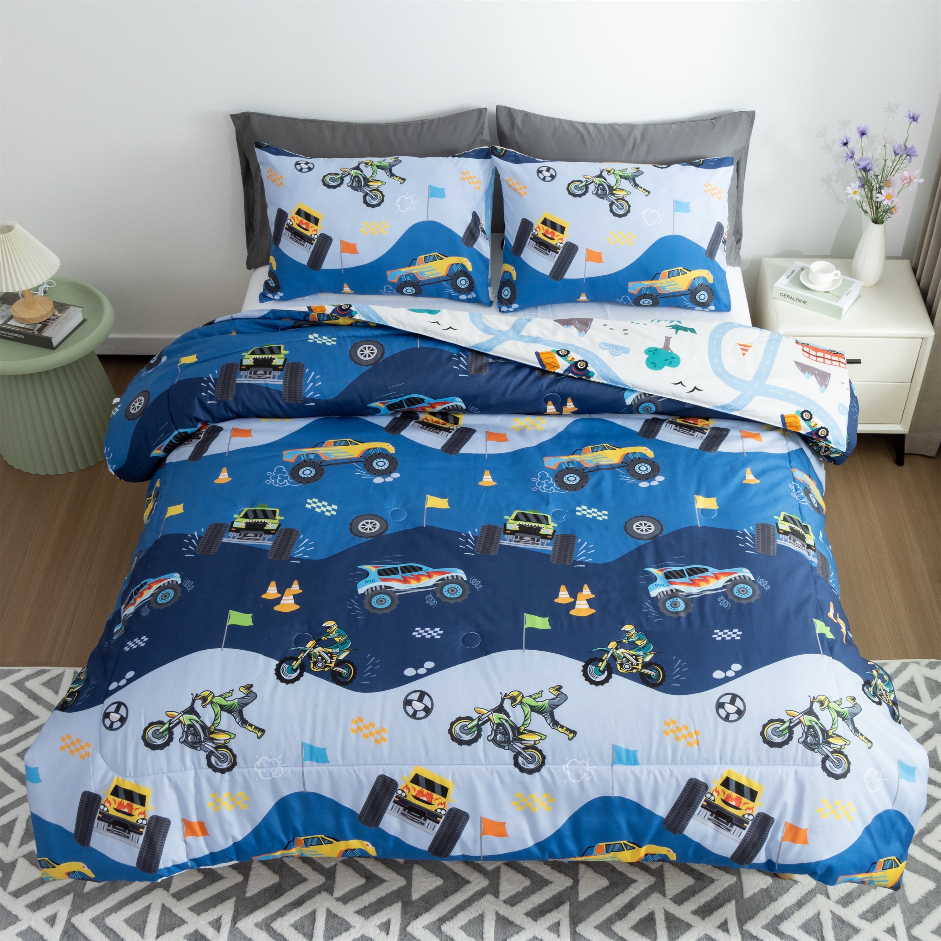 Fluffy Down Alternative 3Pcs Reversible Construction Truck Twin Comforter Set for Boys Kids Excavator Vehicle Motorcycle Bedding Set Blue - Luxurious Quilted Duvet Cover Set Detail