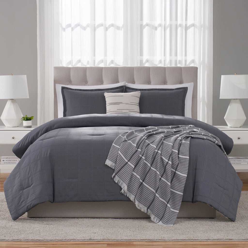 Hypoallergenic Cloud Full/Queen Comforter Set, All-Season, 5-Piece, Grey Waffle Check - Hypoallergenic Ultra-Fluffy Quilt for Winter Detail