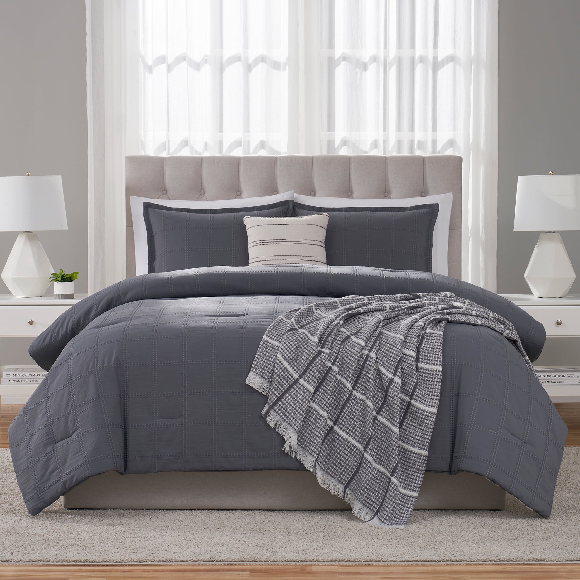 Hypoallergenic Cloud Full/Queen Comforter Set, All-Season, 5-Piece, Grey Waffle Check - Hypoallergenic Ultra-Fluffy Quilt for Winter Detail