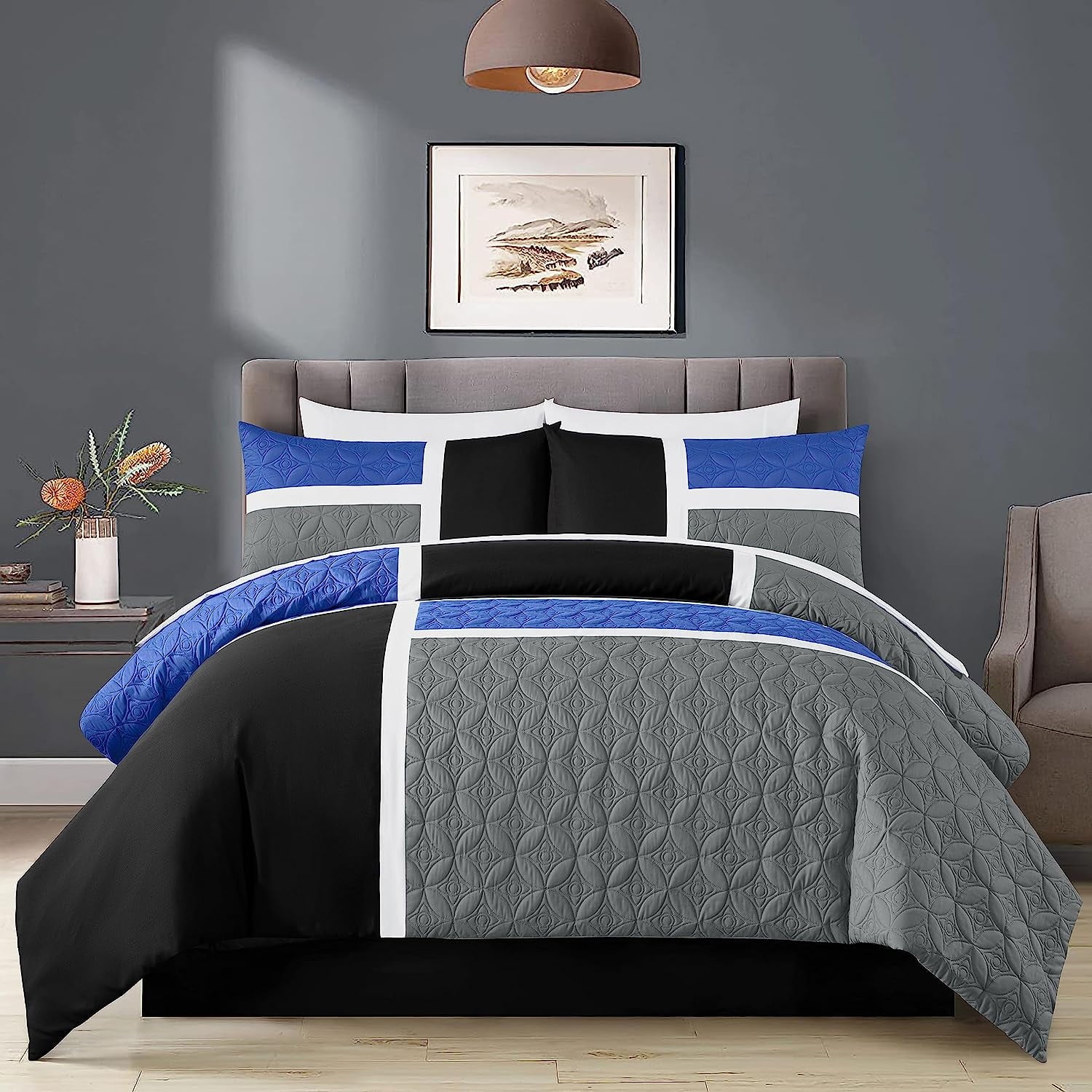 Luxurious Quilted Bernard 7-Piece Full Bed in a Bag Comforter Set with Sheets, Lightweight Comforter Blue Black Gray Patchwork Quilted ... - Luxurious Quilted Duvet Cover Set Detail