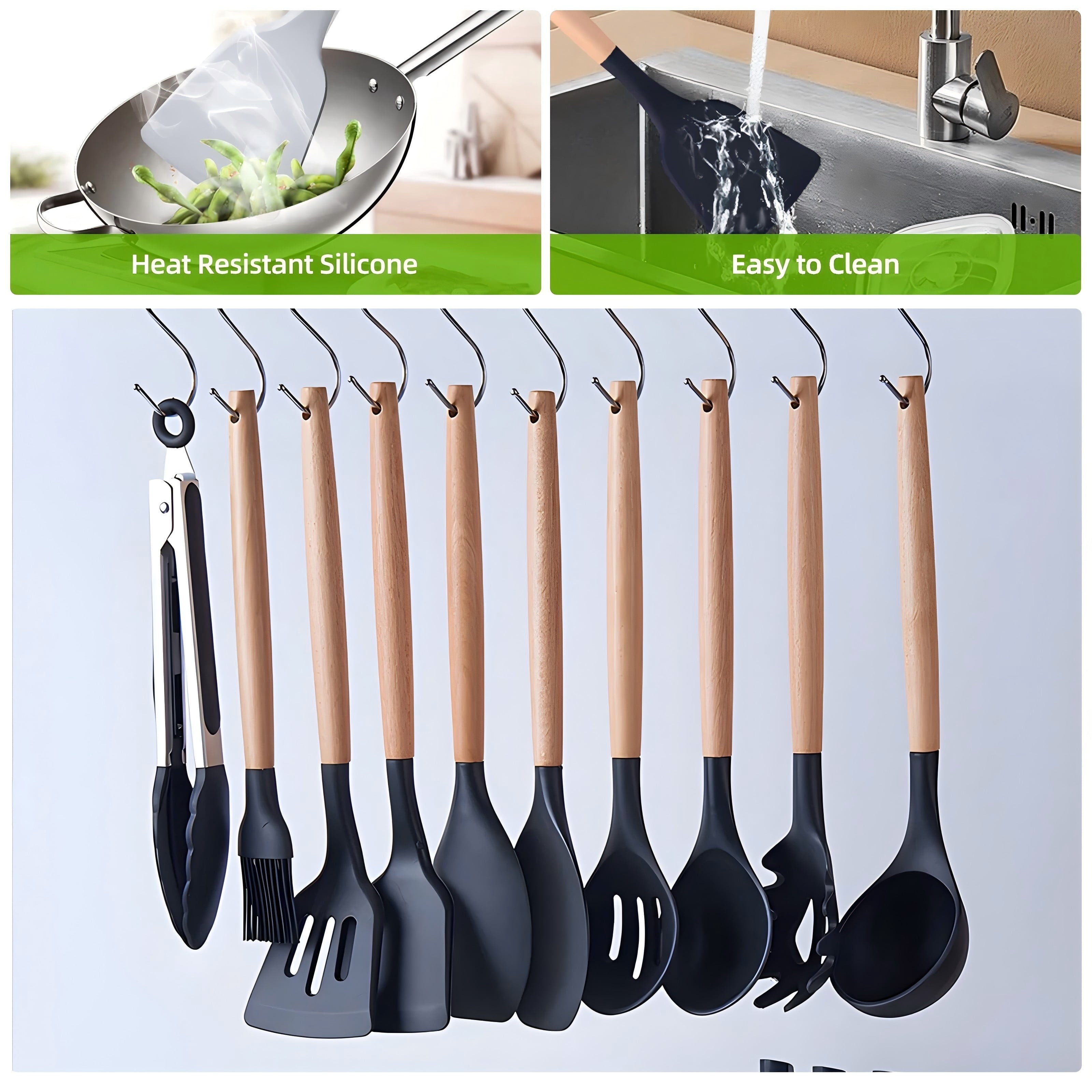 Non-Stick Safe Kitchen Utensils Set- 19 Pcs Silicone Cooking Utensils Set for Nonstick Cookware-Silicone Spatulas Set, Kitchen Gadge... - Ergonomic Kitchen Tongs and Cooking Spoon Utensil Detail