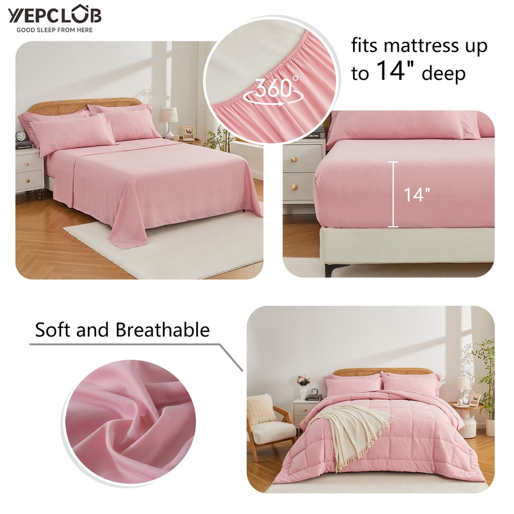 Fluffy Down Alternative 7-Piece Queen Size Comforter Set,Pink Reversible Bed in a Bag,All Season Solid Bedding Set with Sheets,Pillowcases & ... - Hypoallergenic Ultra-Fluffy Quilt for Winter Detail