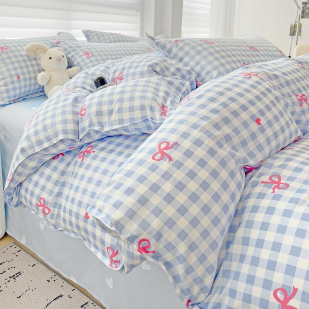 Heavyweight Warmth 3-Piece Blue Plaid Pink Bows Comforter Full Set , Cute Soft Bedding Set for Kids Adults - Hypoallergenic Ultra-Fluffy Quilt for Winter Detail