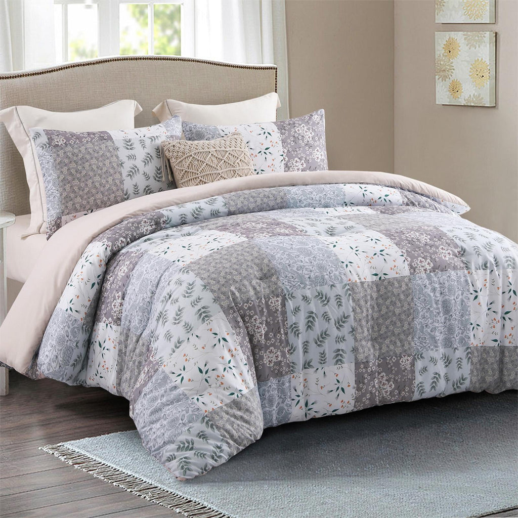 All-Season 3-Piece Queen Comforter Set, Soft Reversible Bedding Comforter Sets, Patchwork Printed Down Alternative Comforter Duv... - Cloud-Like Soft Lightweight Bed Comforter Detail