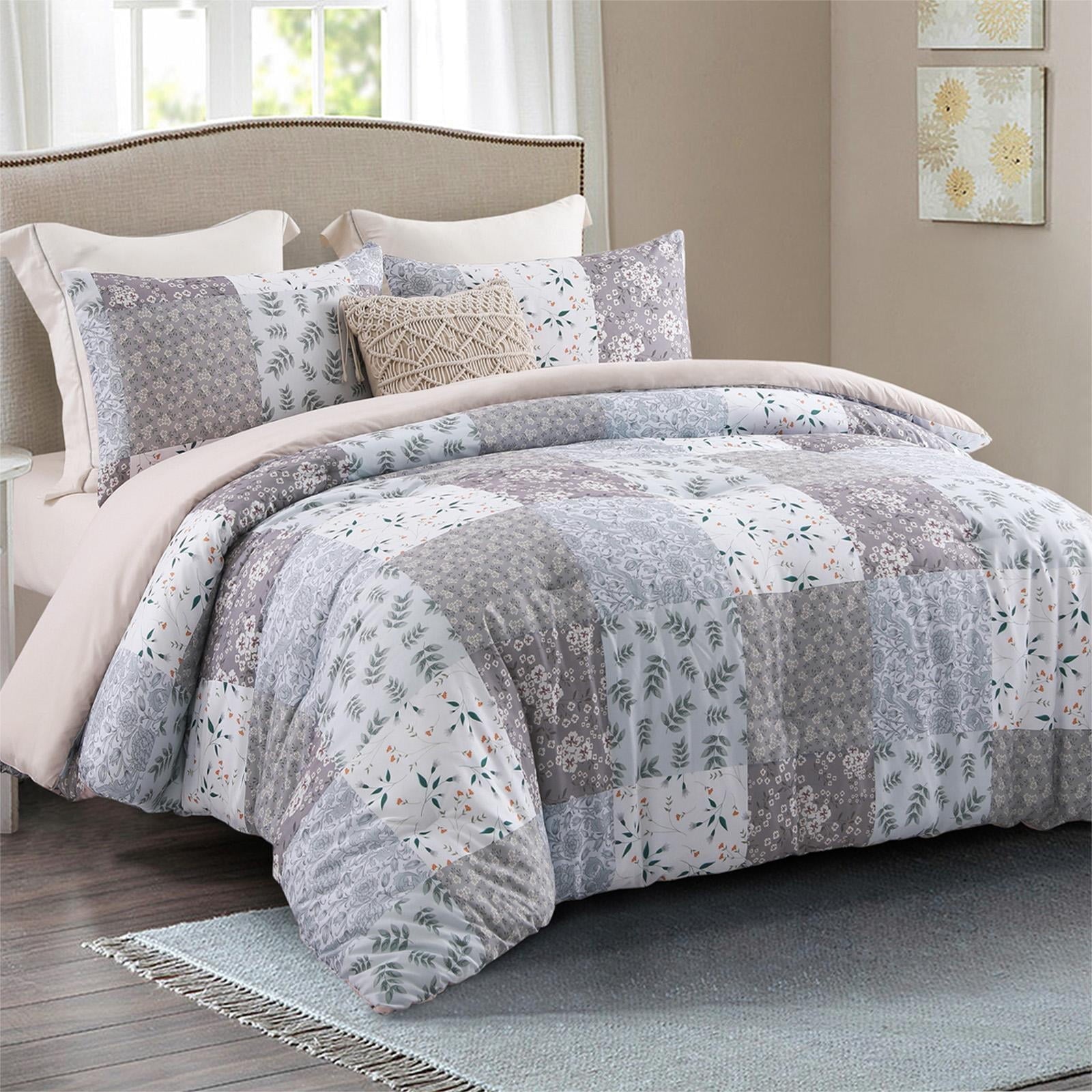 All-Season 3-Piece Queen Comforter Set, Soft Reversible Bedding Comforter Sets, Patchwork Printed Down Alternative Comforter Duv... - Cloud-Like Soft Lightweight Bed Comforter Detail