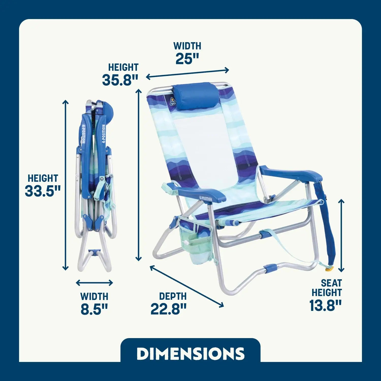 Rust-Resistant Aluminum Bi-Fold Beach Chair - Choice 601 - Multi-Position Outdoor Beach Chair with Pillow Detail