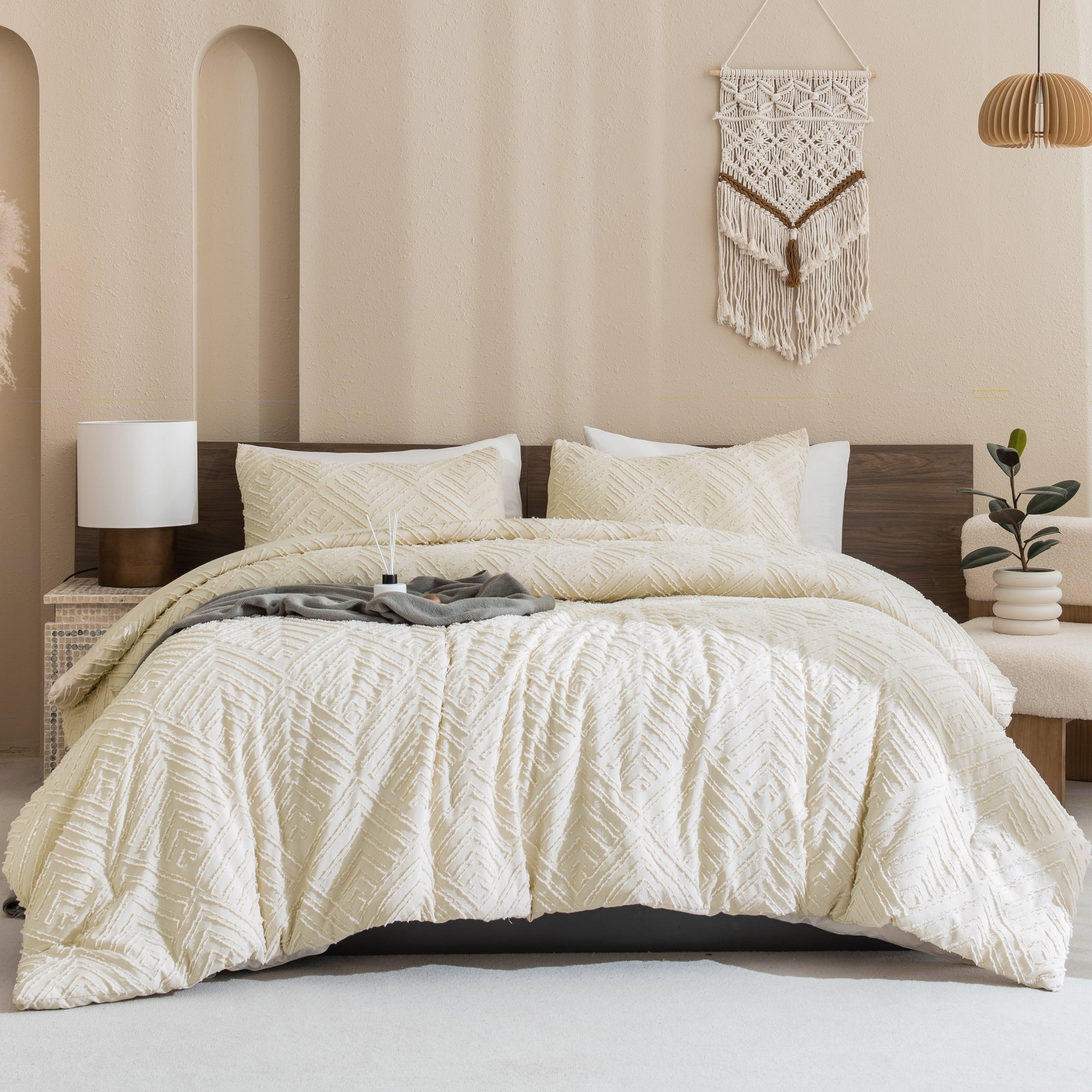 Heavyweight Warmth King Size Comforter Sets Beige - 3 Pieces Cream Boho Bedding Comforter Set for King Bed - Soft Fluffy Tufted Textured... - All-Season Down Alternative Comforter Insert Detail