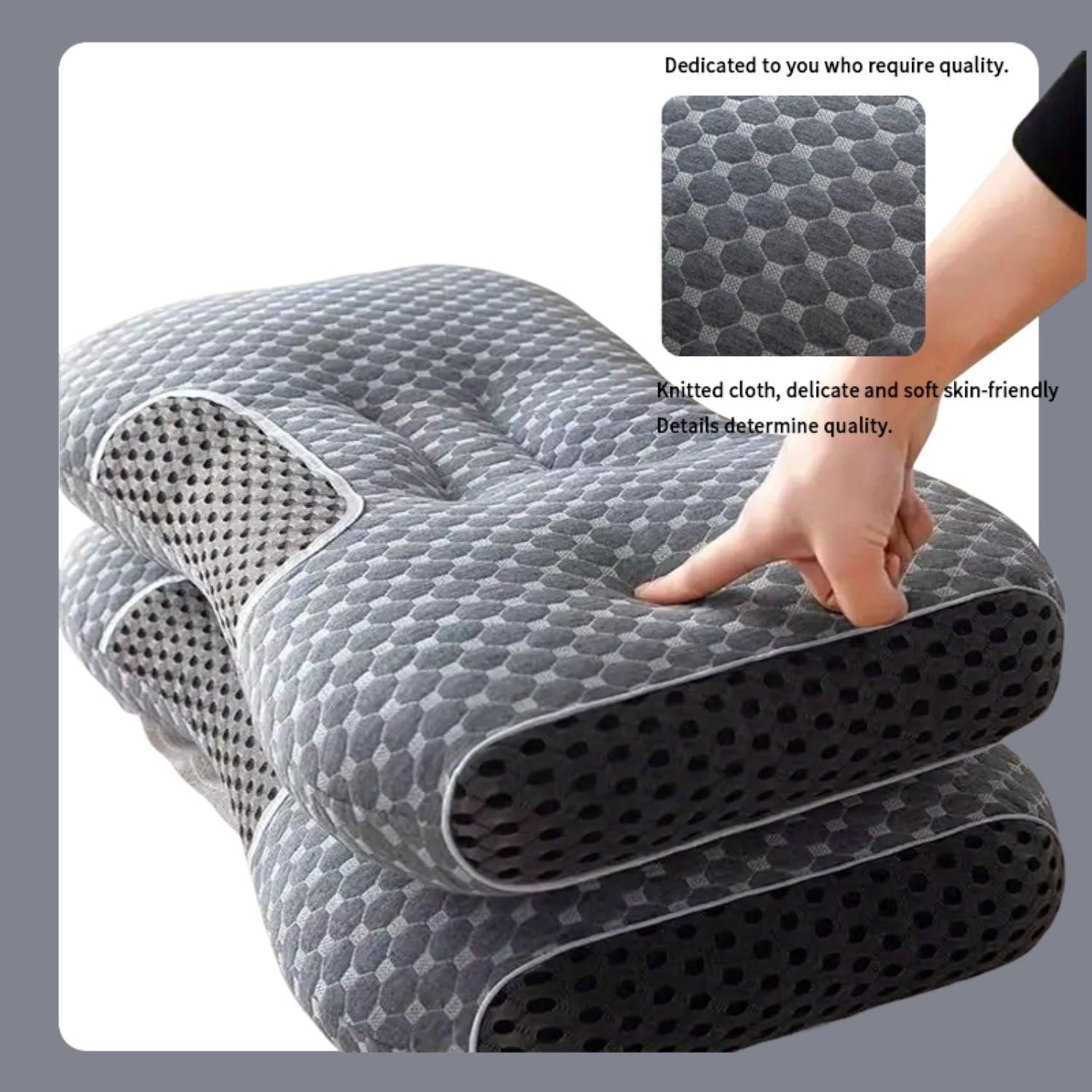 Orthopedic Support 2-Piece Set - 24"x15" Gray Bed for Back, Side, Stomach Sleepers - Ergonomic Memory Foam Pillow for Neck Pain Support Detail