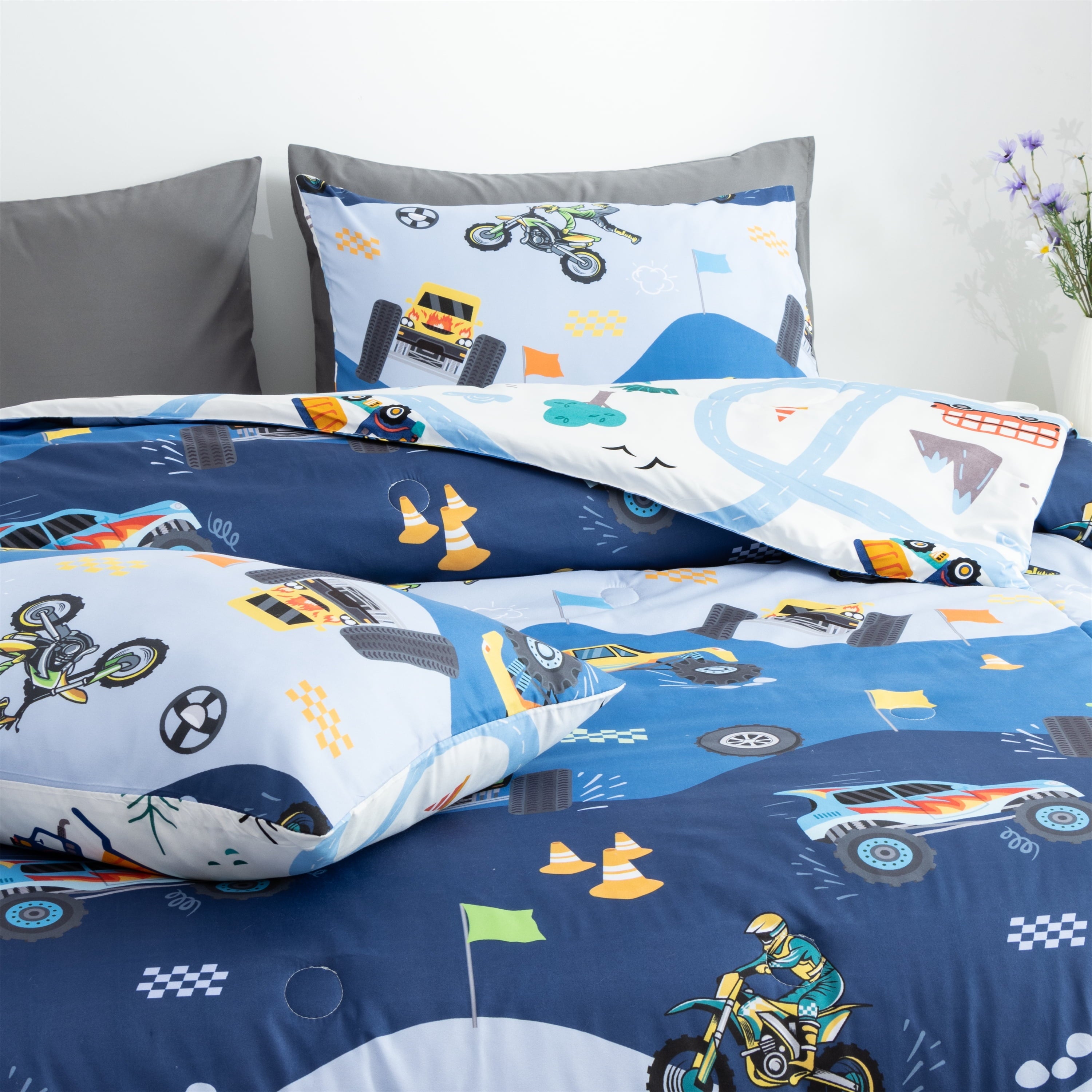 Fluffy Down Alternative 3Pcs Reversible Construction Truck Twin Comforter Set for Boys Kids Excavator Vehicle Motorcycle Bedding Set Blue - Luxurious Quilted Duvet Cover Set Detail