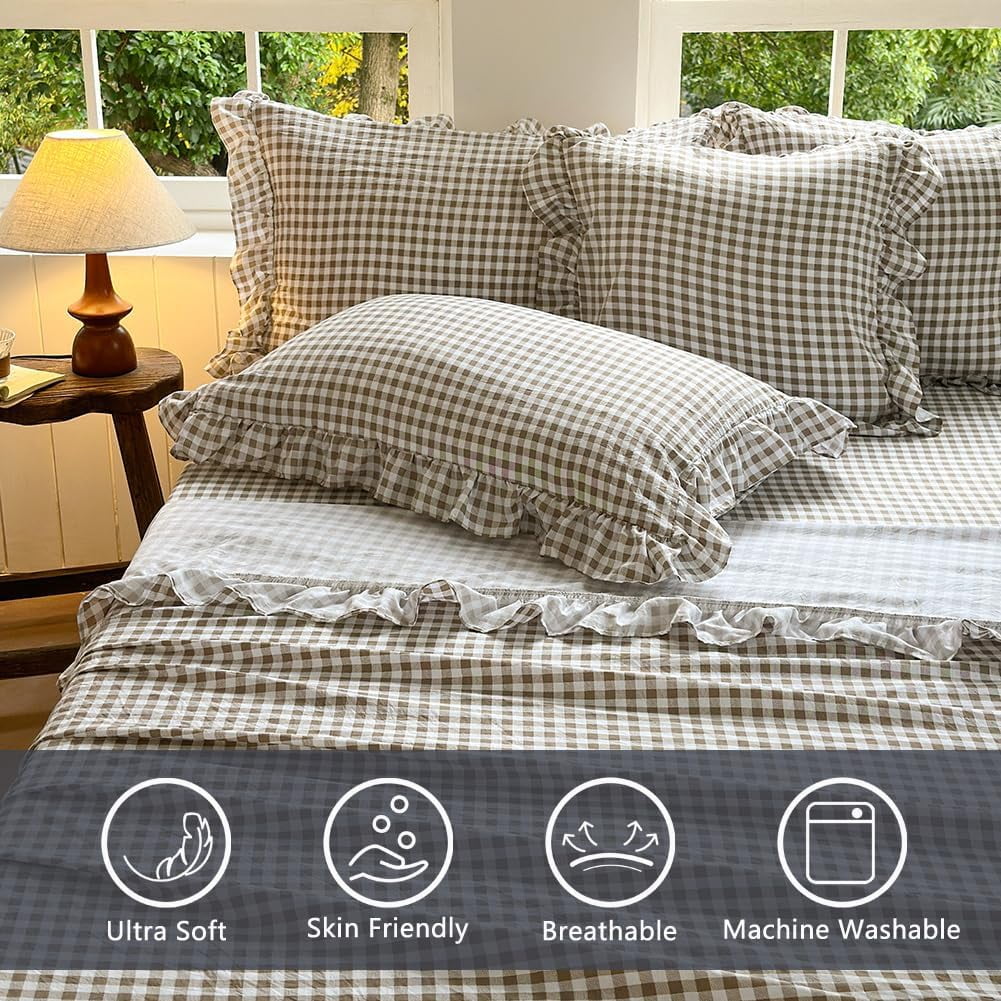 Wrinkle-Resistant Tan Gingham Ruffle Queen Sheet Set, Taupe Soft Pre-Washed Microfiber Plaid Ruffled Queen Bed Sheets, 4-Pieces Farmhou... - Premium Ultra-Soft Pillowcase Pair for Sleeping Detail