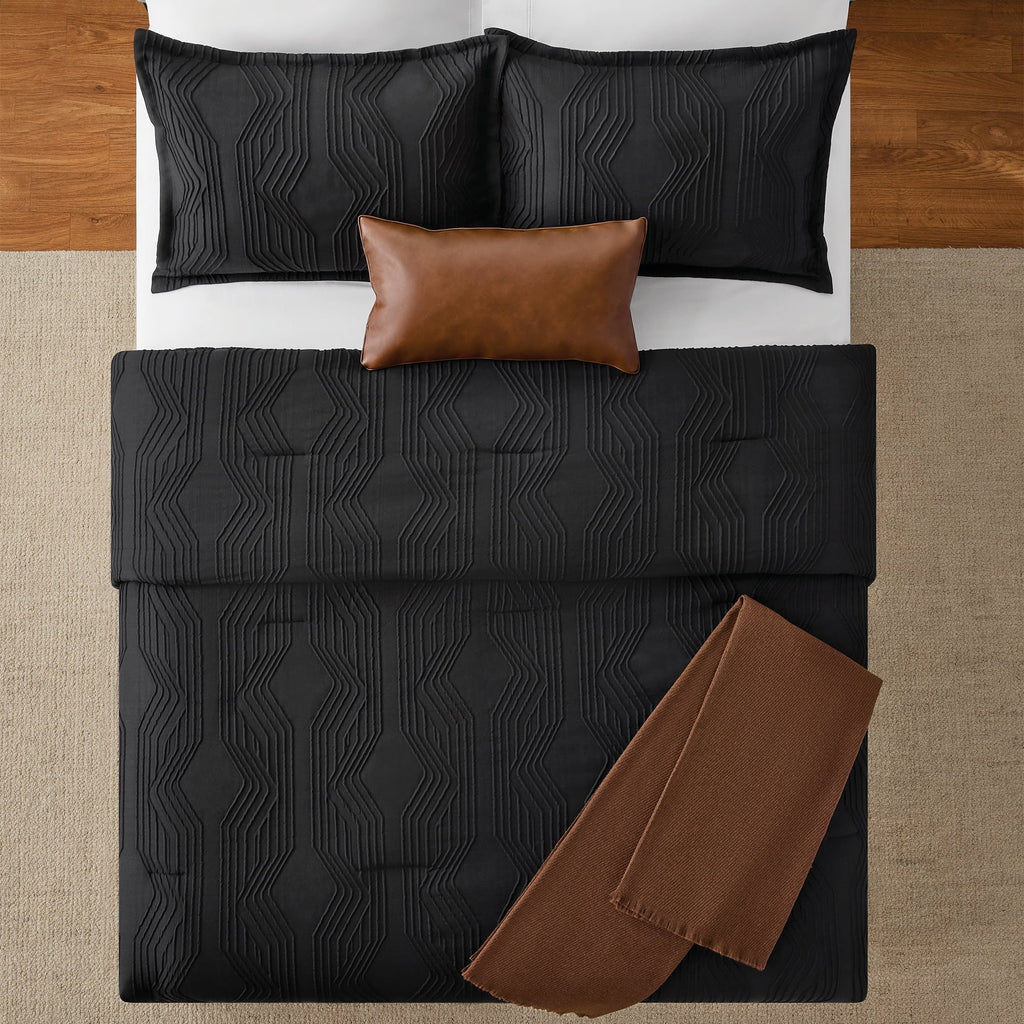 Luxurious Quilted Full/Queen Comforter Set, All-Season, 5-Piece, Black Jacquard Geo - Luxurious Quilted Duvet Cover Set Detail