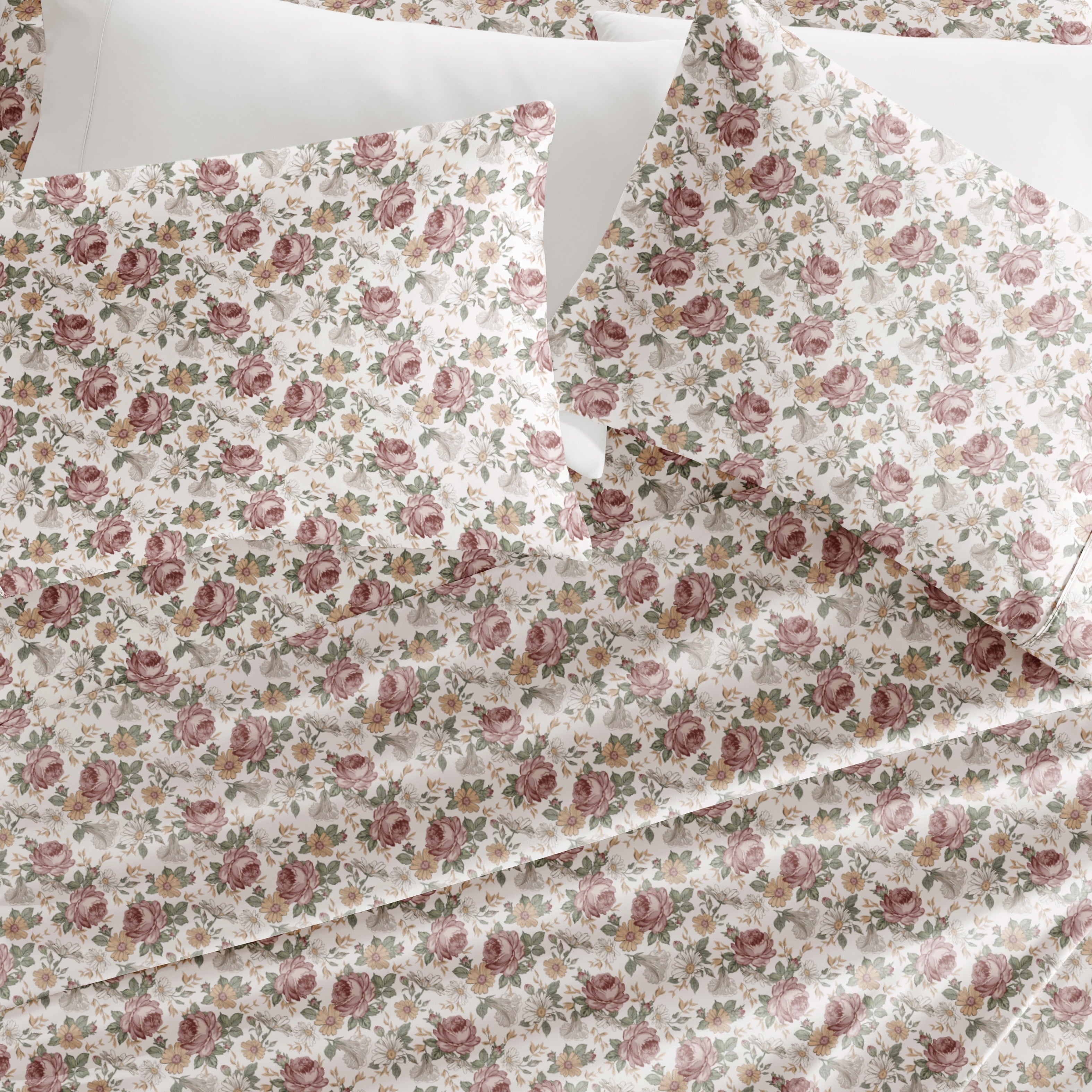 Cooling Sateen 4 Piece Pattern Microfiber Bed Sheets Set, Blooming Floral Rose, Queen - Cooling Hotel Quality Bedding Sheets and Pillowcases Detail