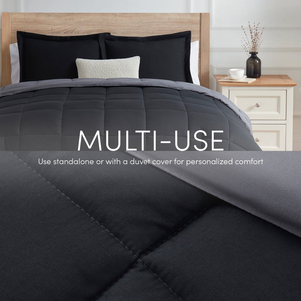 Fluffy Down Alternative Queen Comforter Set, 3 Piece Bed in a Bag, Reversible Down Alternative Bedding Set, Black & Gray - All-Season Down Alternative Comforter Insert Detail