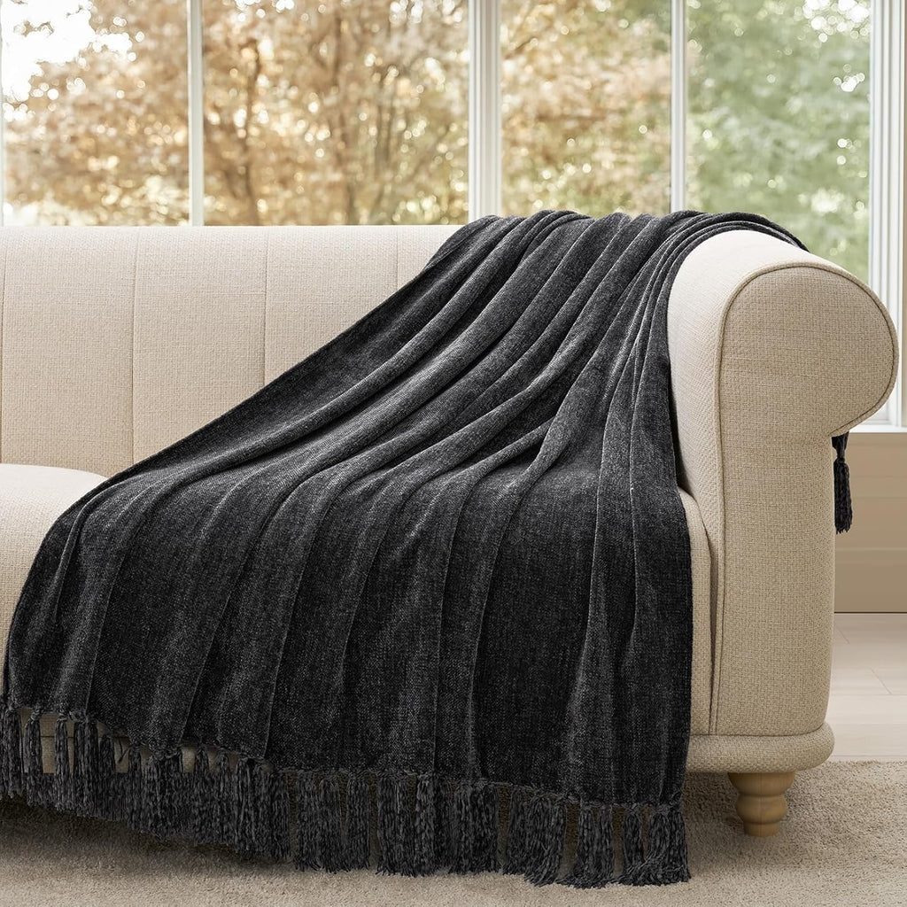 Reversible Sherpa Soft Chenille Throw Blanket for Couch, Cozy Plush Fuzzy Decorative Chenille Knit Throw Blanket with Tassels, Lightwei... - Lightweight Plush Warm Blanket for All Seasons Detail