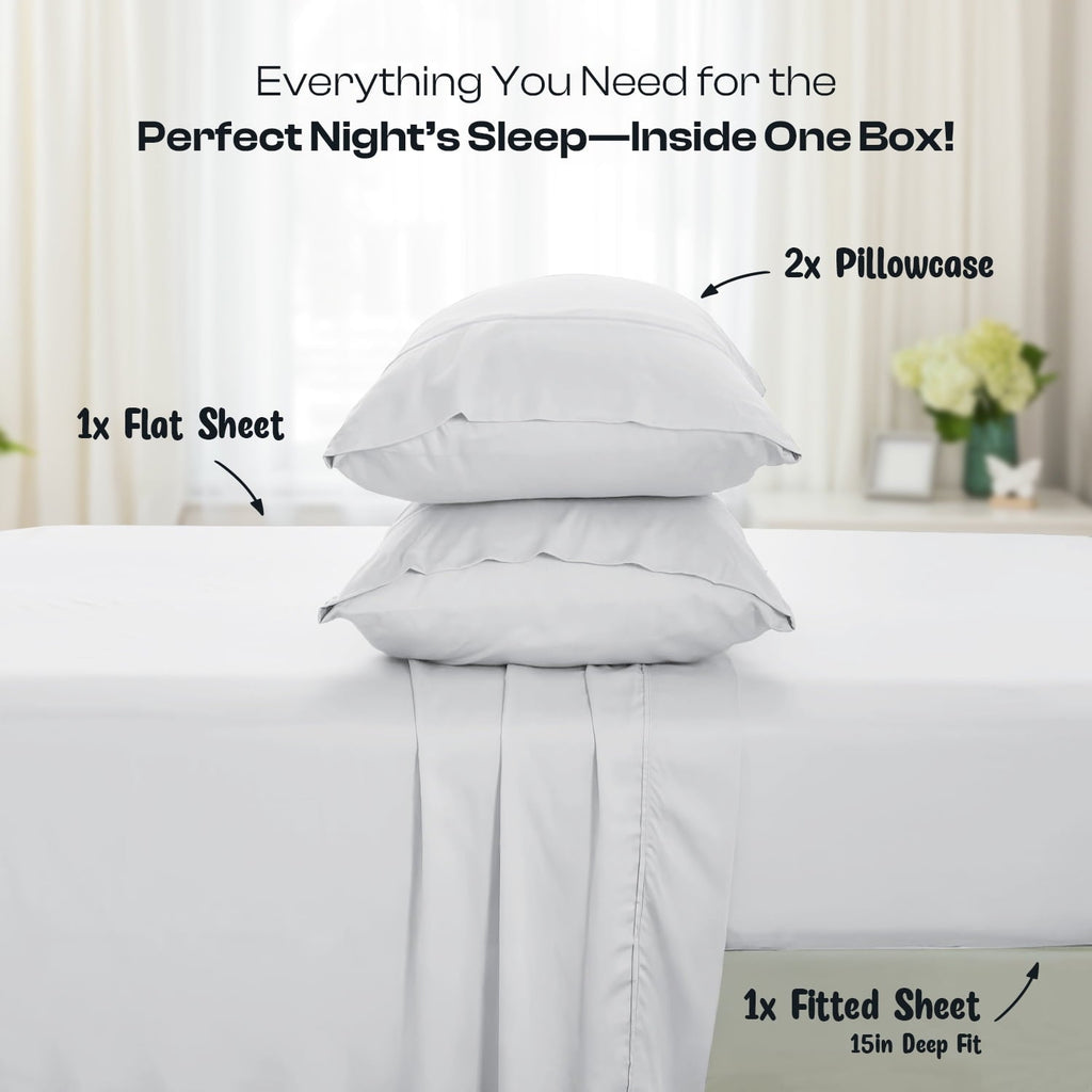 Premium Egyptian Cotton IR 3 Piece 1800 Series Deep Pocket Soft Microfiber Solid Bed Sheet Set for Kids, White Twin Size - Luxury Bed Sheet Set with Deep Pockets Detail