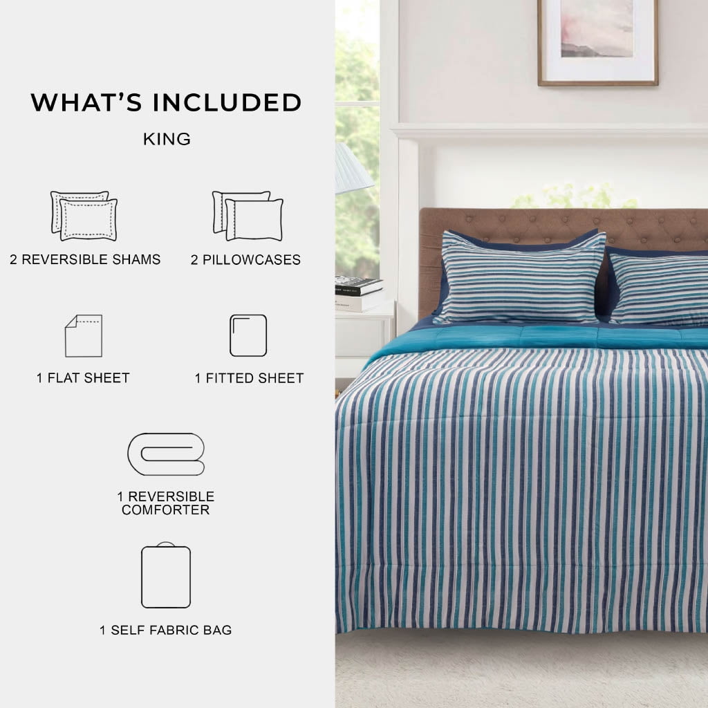 Heavyweight Warmth All in One Reversible Comforter and Sheet Set- 7 Piece, Queen, Blue Pinstripe - All-Season Down Alternative Comforter Insert Detail