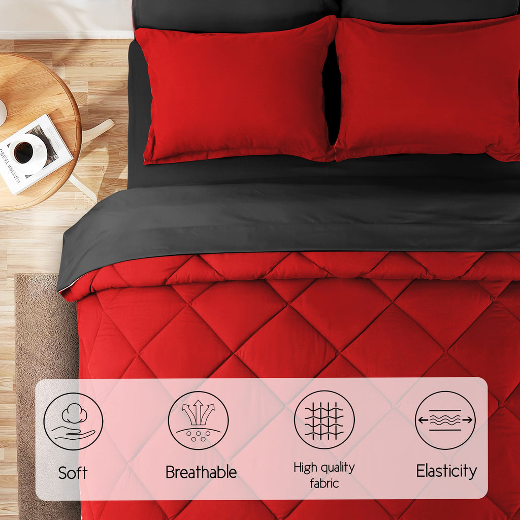 All-Season 7 Piece Reversible Queen Comforter Set - Red Quilted Down Alternative Bedding All Season Super Soft Microfiber Bed in... - Luxurious Quilted Duvet Cover Set Detail