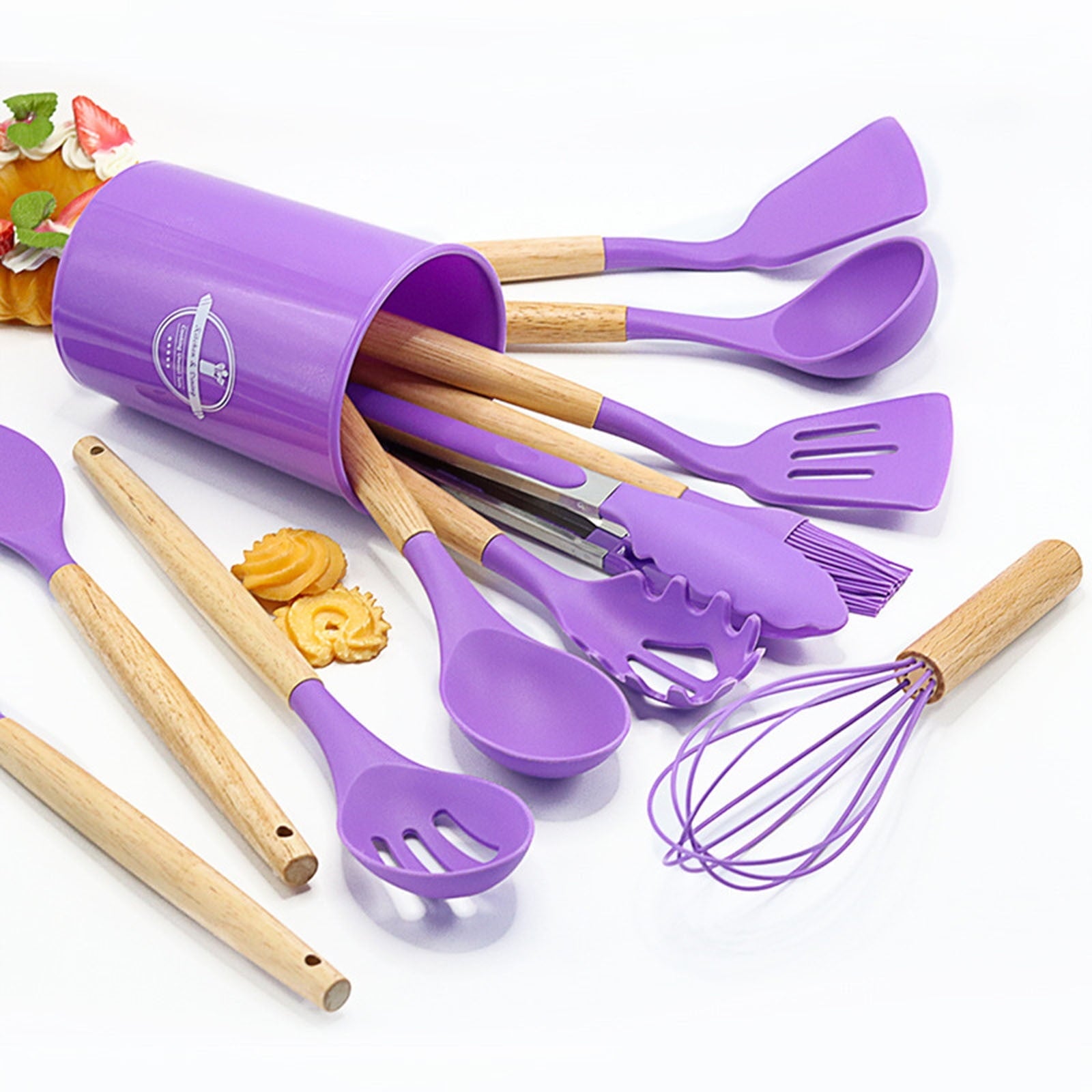 Heat-Resistant 12Pcs Cooking Kitchen Utensils Set with Holder,Wooden Handles Cooking Tool,BPA Free,Non Toxic Turner Tongs Spa... - Heat-Resistant Silicone Cooking Spatula Turner Detail