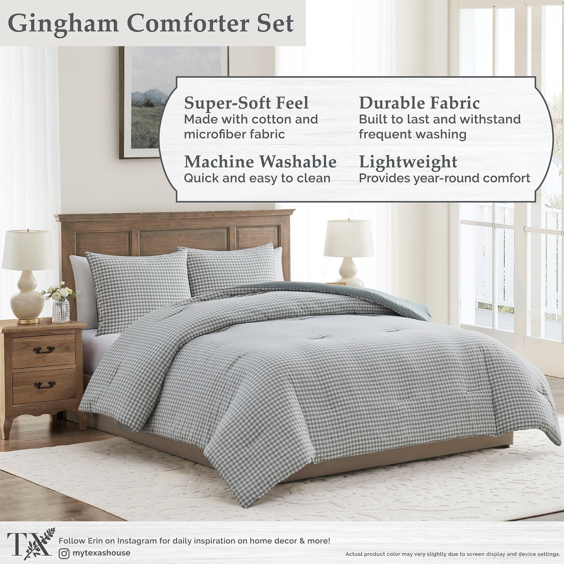 Luxurious Quilted Full/Queen Comforter Set, All-Season, 3-Piece, Green Gingham Plaid - Luxurious Quilted Duvet Cover Set Detail