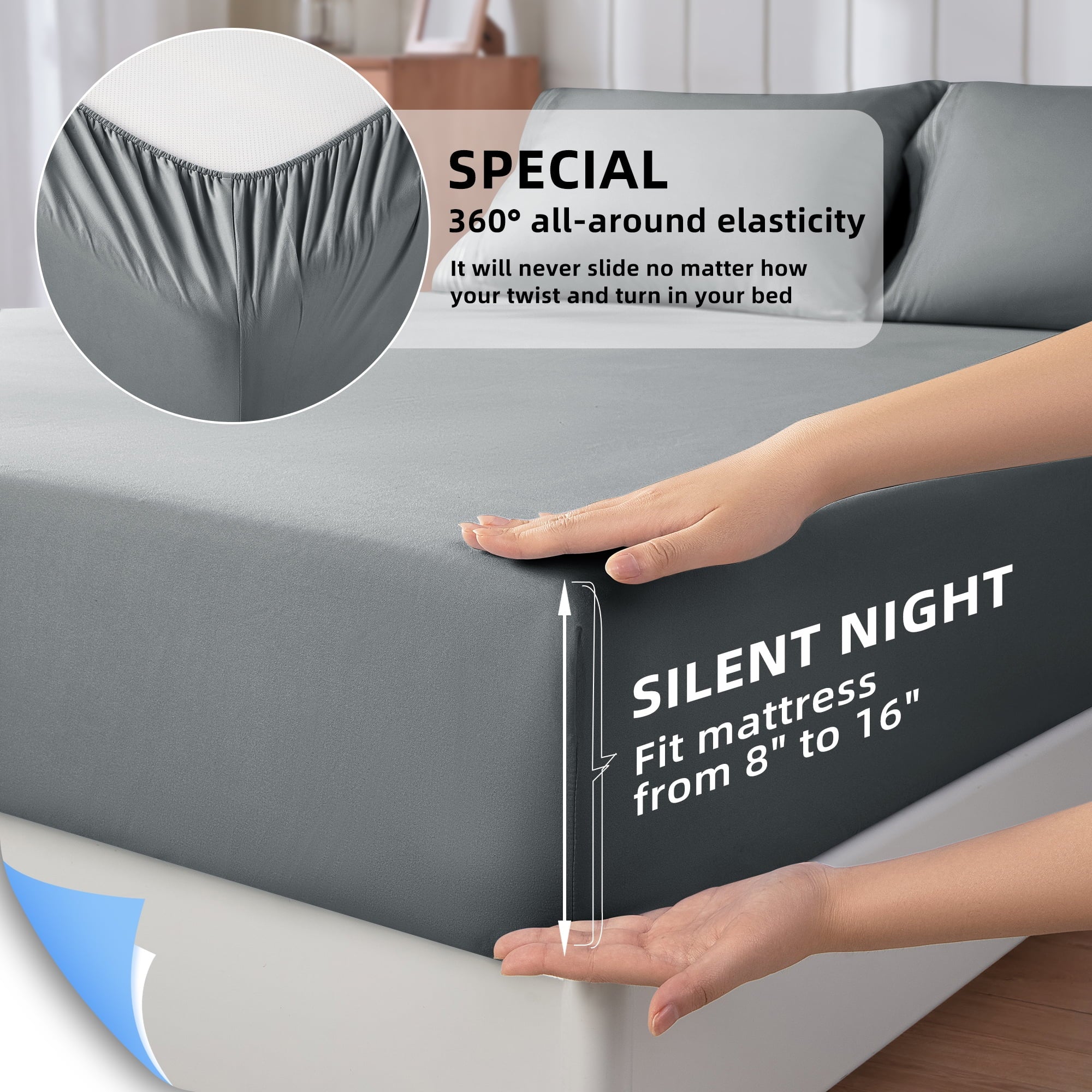 Ultra-Soft Shilucheng 4 Pieces Luxury Bed Sheets Set, Plush Microfiber Bed Sheets, 16" Deep Pocket, Queen, Dark Gray - Cooling Hotel Quality Bedding Sheets and Pillowcases Detail