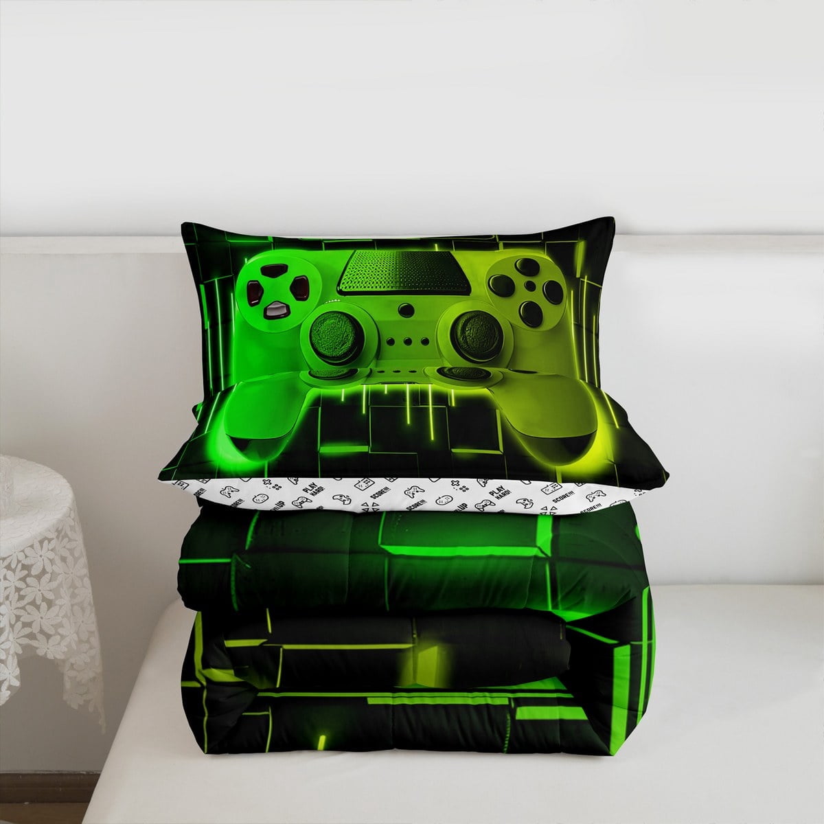 Fluffy Down Alternative Green Yellow Gaming Full Size Comforter Sets - Gamer Comforter Full Size Bedding Set, Neon Lights Abstract Geometry D... - Cloud-Like Soft Lightweight Bed Comforter Detail