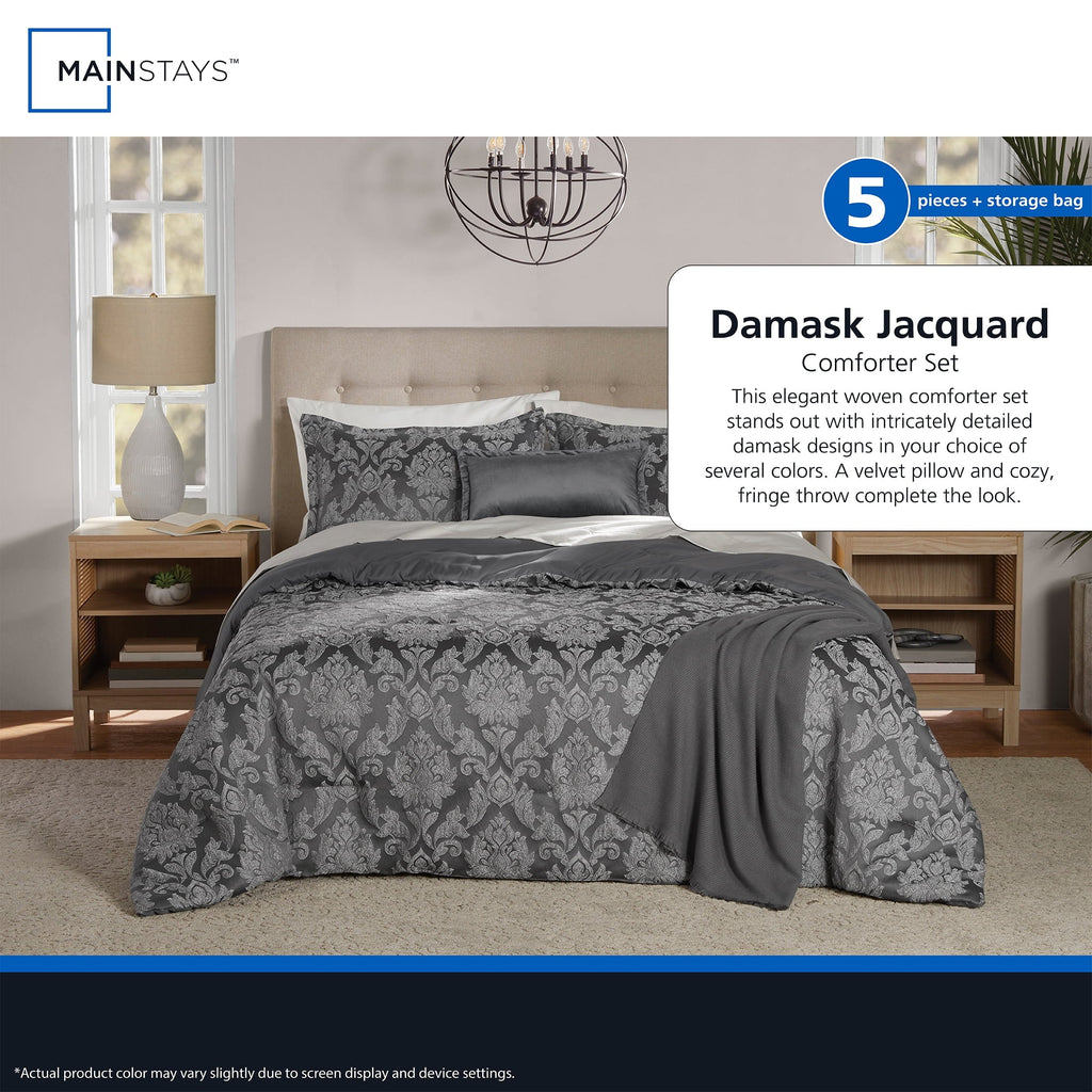 Heavyweight Warmth Full/Queen Comforter Set, All-Season, 5-Piece, Grey Jacquard Damask - Luxurious Quilted Duvet Cover Set Detail