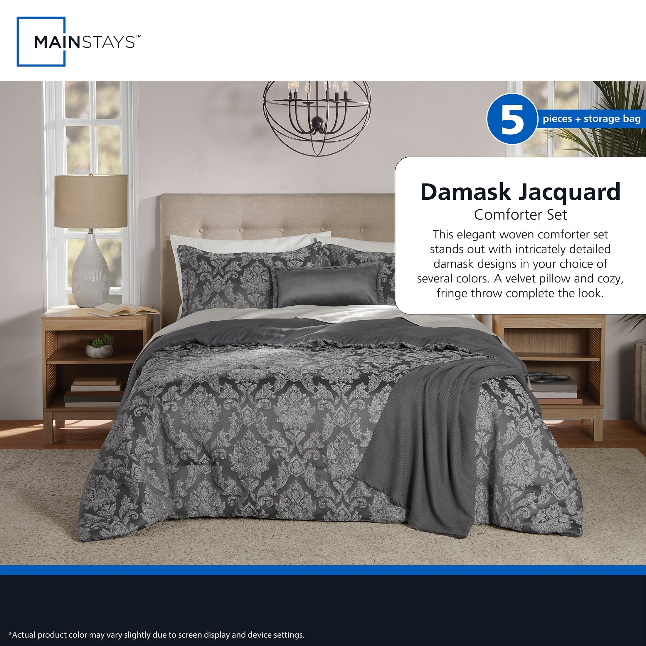 Heavyweight Warmth Full/Queen Comforter Set, All-Season, 5-Piece, Grey Jacquard Damask - Luxurious Quilted Duvet Cover Set Detail