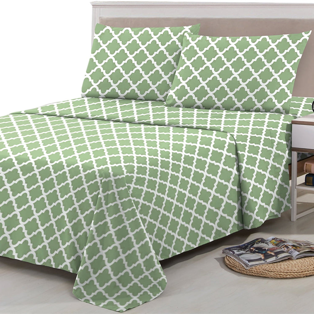Cooling Sateen Quatrefoil Bed Sheet Set (King, Sage/White) 4 Piece Deep Pocket 1800 Series Microfiber Bed Sheet Set Contains 1 Fitte... - Premium Ultra-Soft Pillowcase Pair for Sleeping Detail