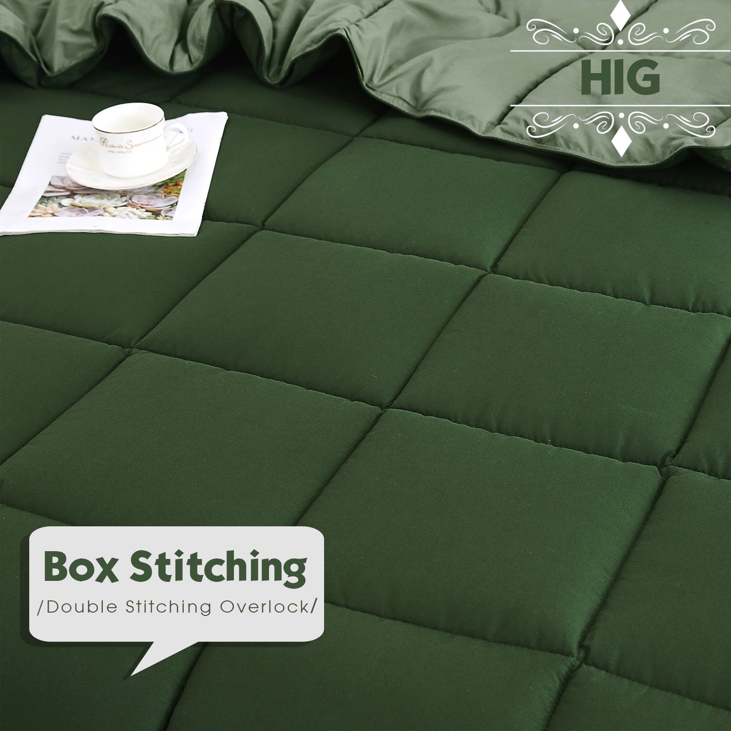 Luxurious Quilted Light Weight Down Alternative Comforter Set, Queen, Green, Reversible - All-Season Down Alternative Comforter Insert Detail