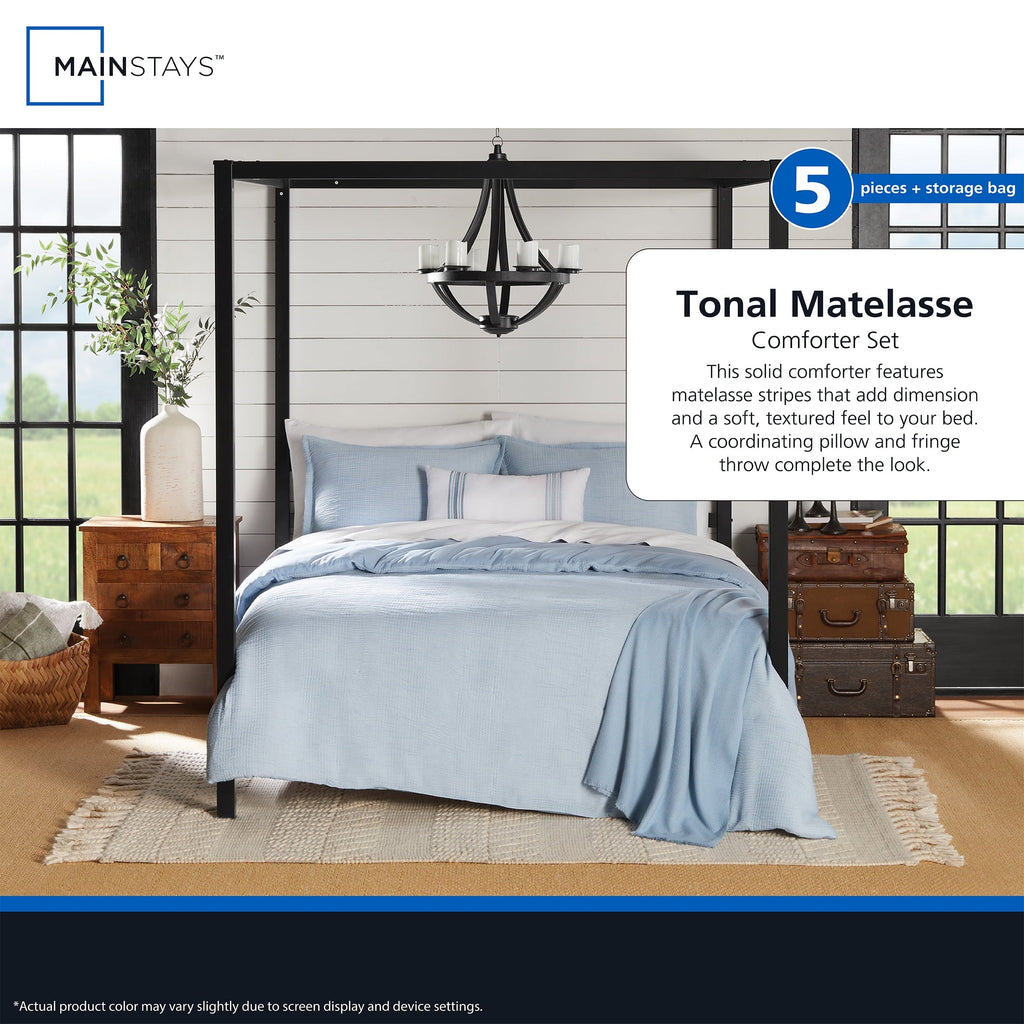 All-Season Full/Queen Comforter Set, All-Season, 5-Piece, Blue Matelasse Tonal Stripe - Luxurious Quilted Duvet Cover Set Detail