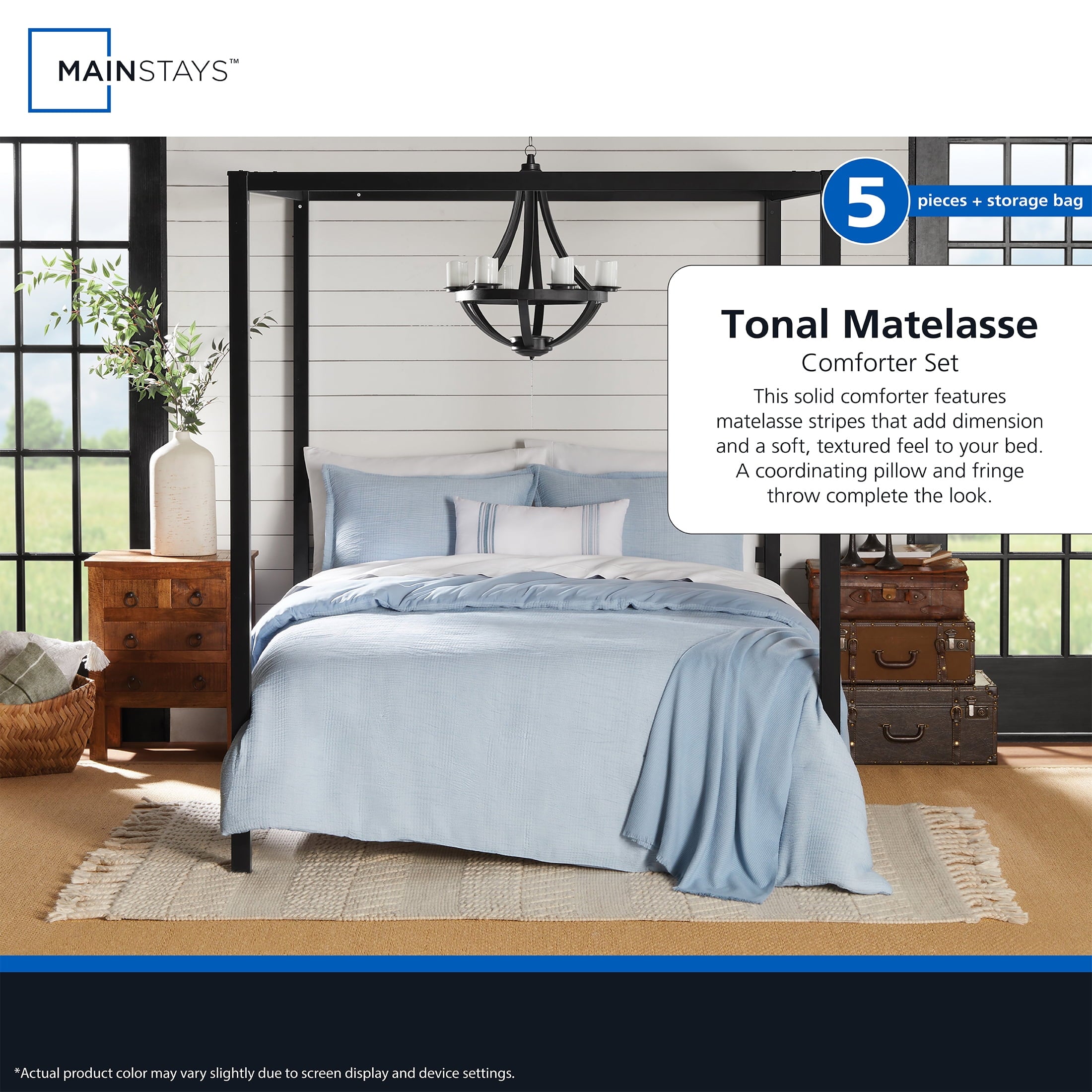 All-Season Full/Queen Comforter Set, All-Season, 5-Piece, Blue Matelasse Tonal Stripe - Luxurious Quilted Duvet Cover Set Detail
