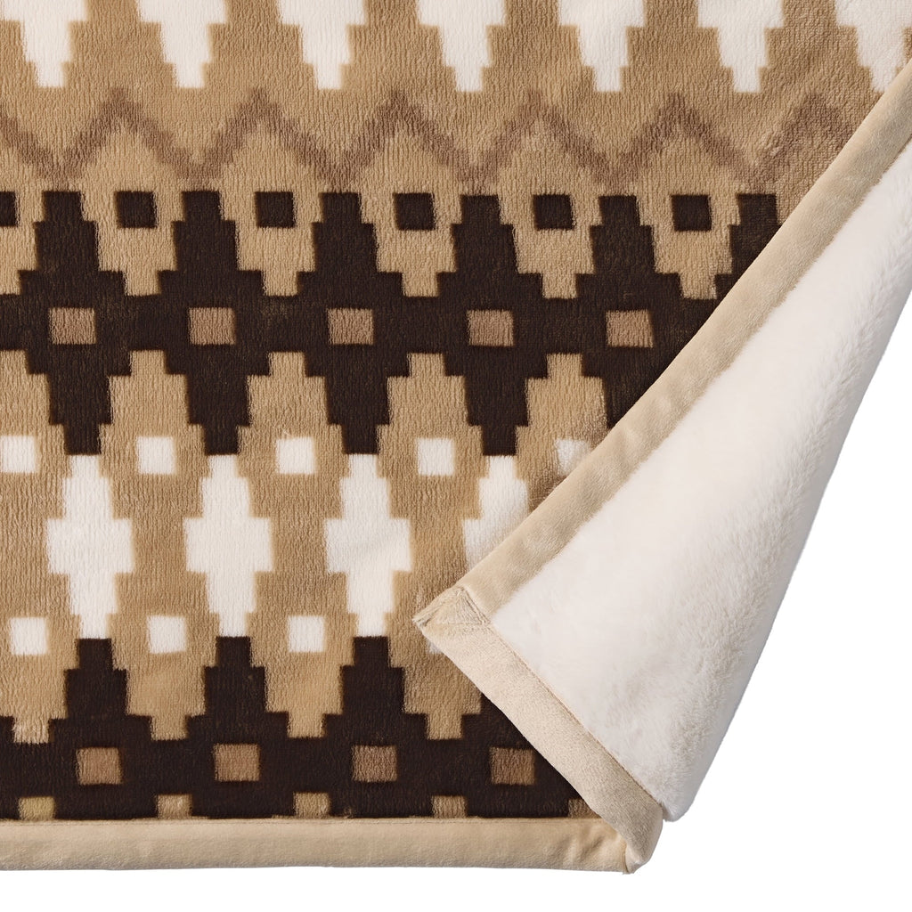 Decorative Knitted Printed Velvet Plush Reverse to Faux Fur Super Soft Throw Blanket, Oversized, Linder Border Beige - Luxury Knitted Decorative Throw Blanket with Fringes Detail