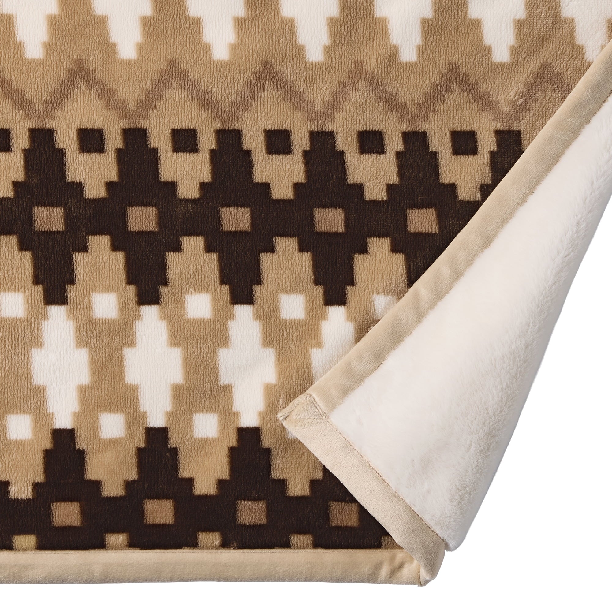 Decorative Knitted Printed Velvet Plush Reverse to Faux Fur Super Soft Throw Blanket, Oversized, Linder Border Beige - Luxury Knitted Decorative Throw Blanket with Fringes Detail