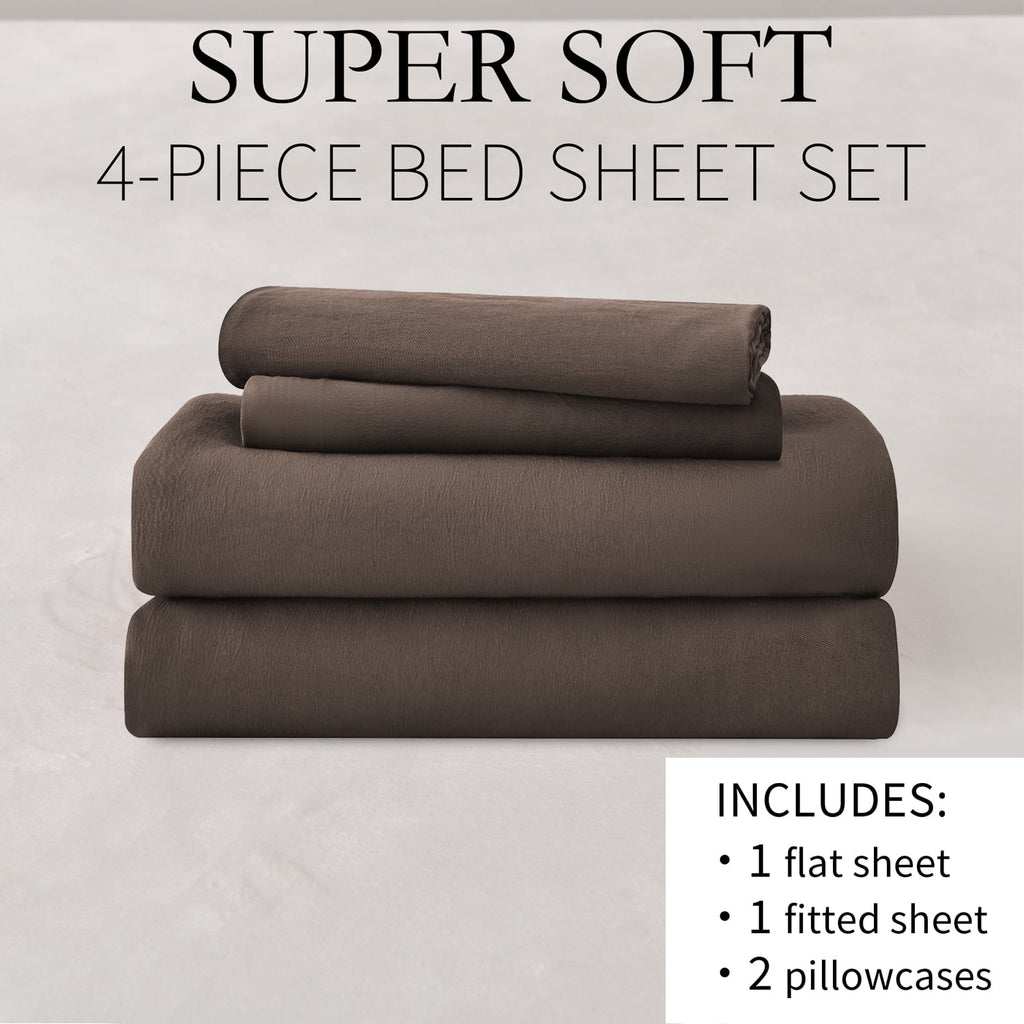 Cooling Sateen Bed Sheets Set 4 Piece Queen/Full Sheet Set Brown Gray Cotton Blend Fitted Sheet, Flat Sheet & 2 Pillowcases Bedding Set - Luxury Bed Sheet Set with Deep Pockets Detail