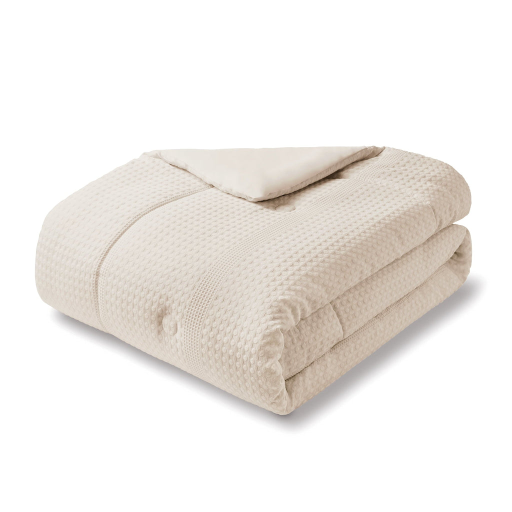 Heavyweight Warmth 5-Piece Papyrus Beige Waffle Comforter Set, Full/Queen - All-Season Down Alternative Comforter Insert Detail