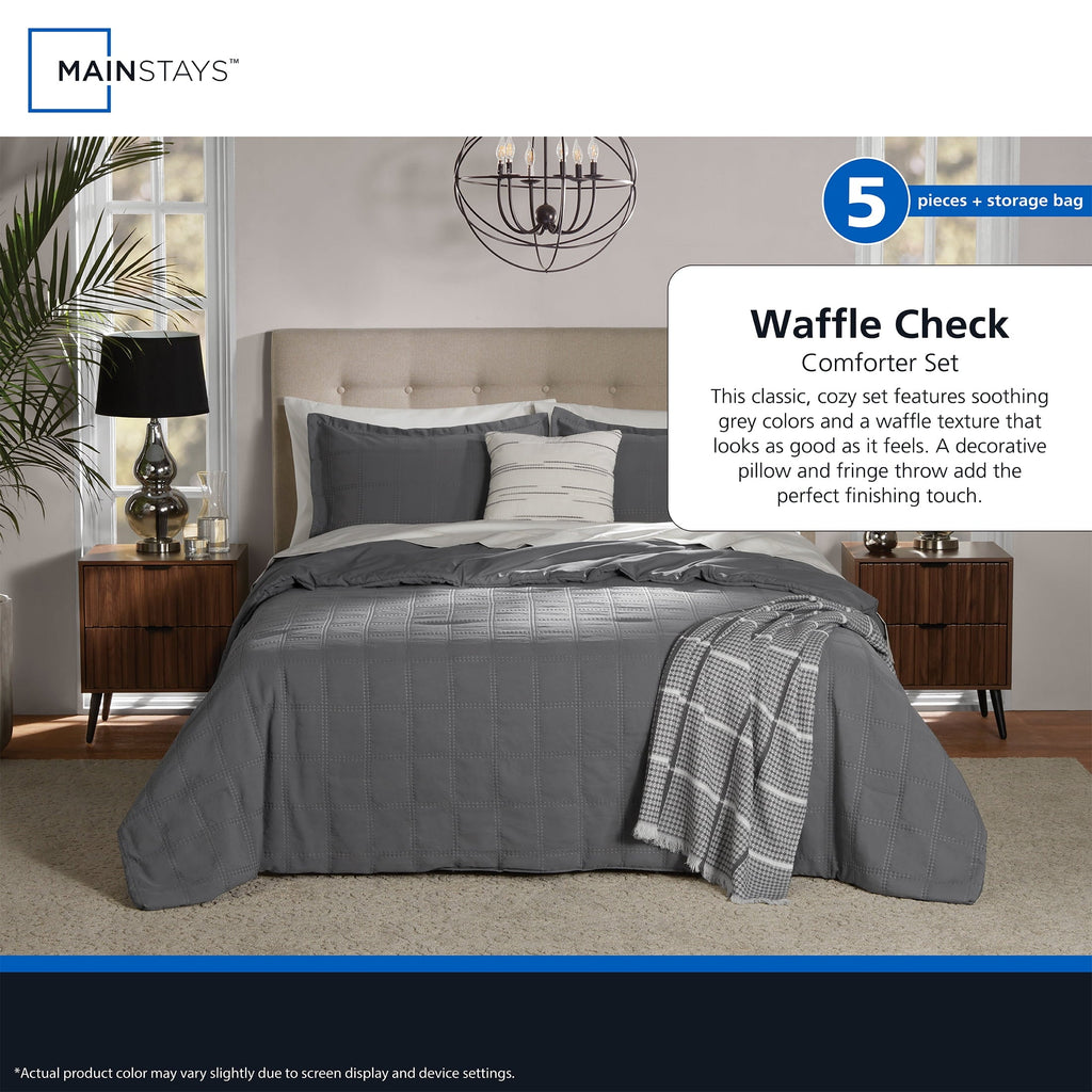 Hypoallergenic Cloud Full/Queen Comforter Set, All-Season, 5-Piece, Grey Waffle Check - Hypoallergenic Ultra-Fluffy Quilt for Winter Detail