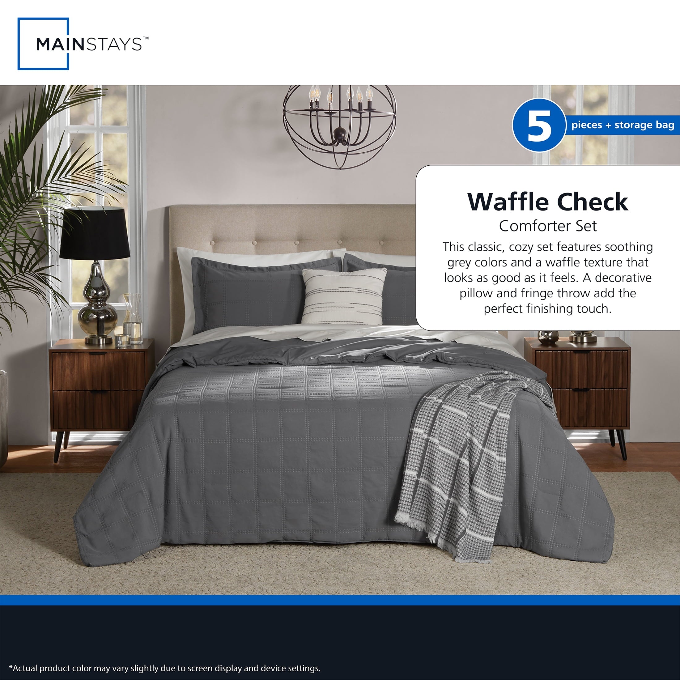 Hypoallergenic Cloud Full/Queen Comforter Set, All-Season, 5-Piece, Grey Waffle Check - Hypoallergenic Ultra-Fluffy Quilt for Winter Detail