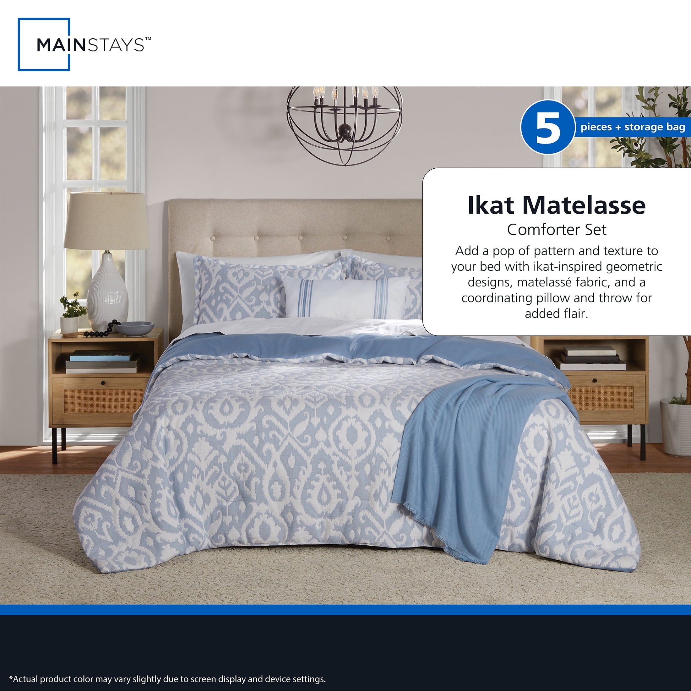Luxurious Quilted Full/Queen Comforter Set, All-Season, 5-Piece, Blue Matelasse Ikat - Cloud-Like Soft Lightweight Bed Comforter Detail