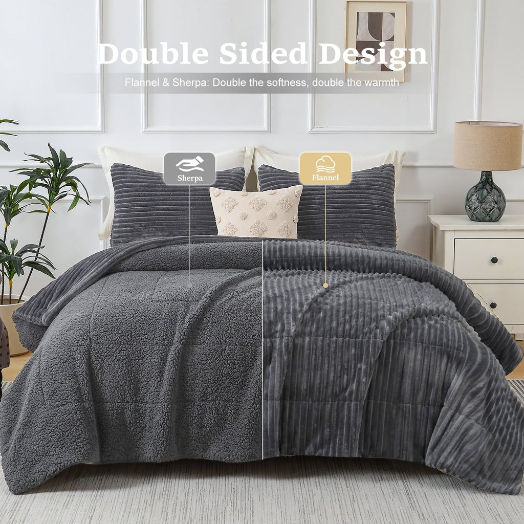Hypoallergenic Cloud 3 Piece Fleece Queen Comforter Set - Soft & Warm Fluffy Dark Gray Sherpa Bedding , Fuzzy Heavy Double Sided Design Wi... - Luxurious Quilted Duvet Cover Set Detail