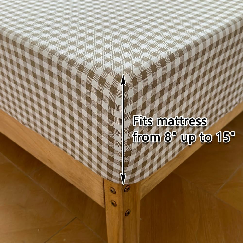 Wrinkle-Resistant Tan Gingham Ruffle Queen Sheet Set, Taupe Soft Pre-Washed Microfiber Plaid Ruffled Queen Bed Sheets, 4-Pieces Farmhou... - Premium Ultra-Soft Pillowcase Pair for Sleeping Detail