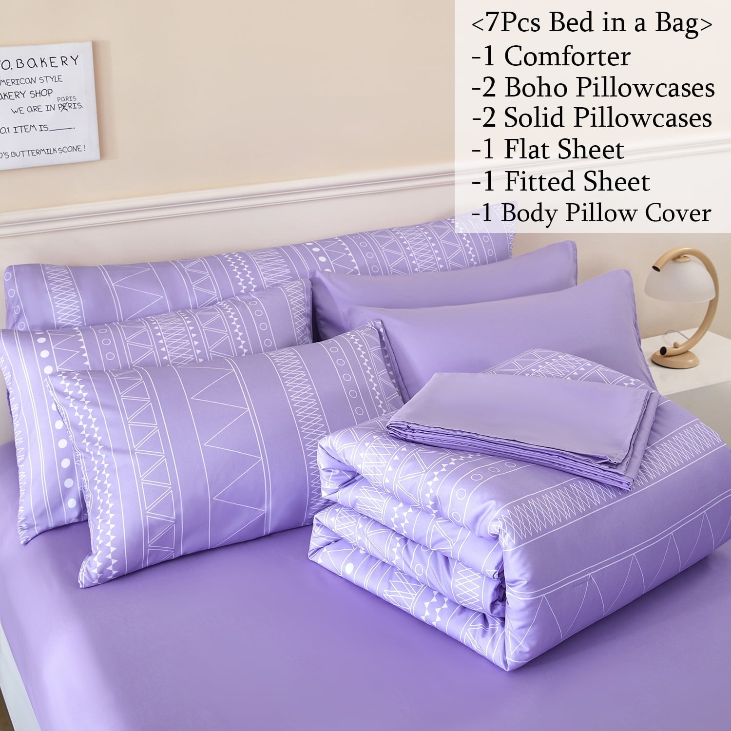Hypoallergenic Cloud 8-Pieces Boho Bedding Set Full Lavender Striped Bed in a Bag for Girls Women Soft Fluffy Purple Comforter Set with Sh... - Cloud-Like Soft Lightweight Bed Comforter Detail