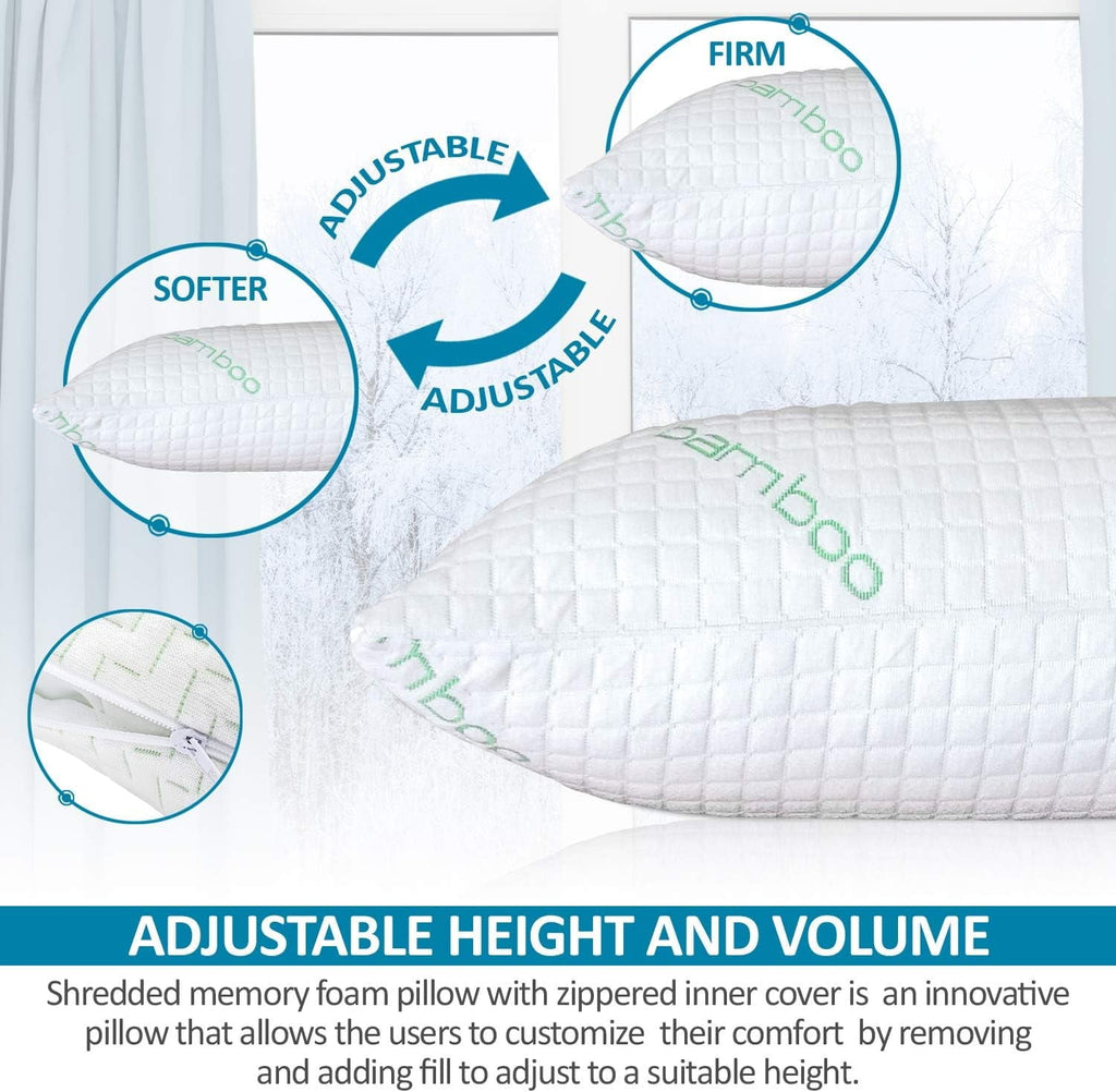 Fluffy Shredded Queen Size Bamboo Pillow, Memory Foam Bed Pillows with Washable Pillowcases, Queen - Orthopedic Shredded Foam Bed Pillow Set Detail