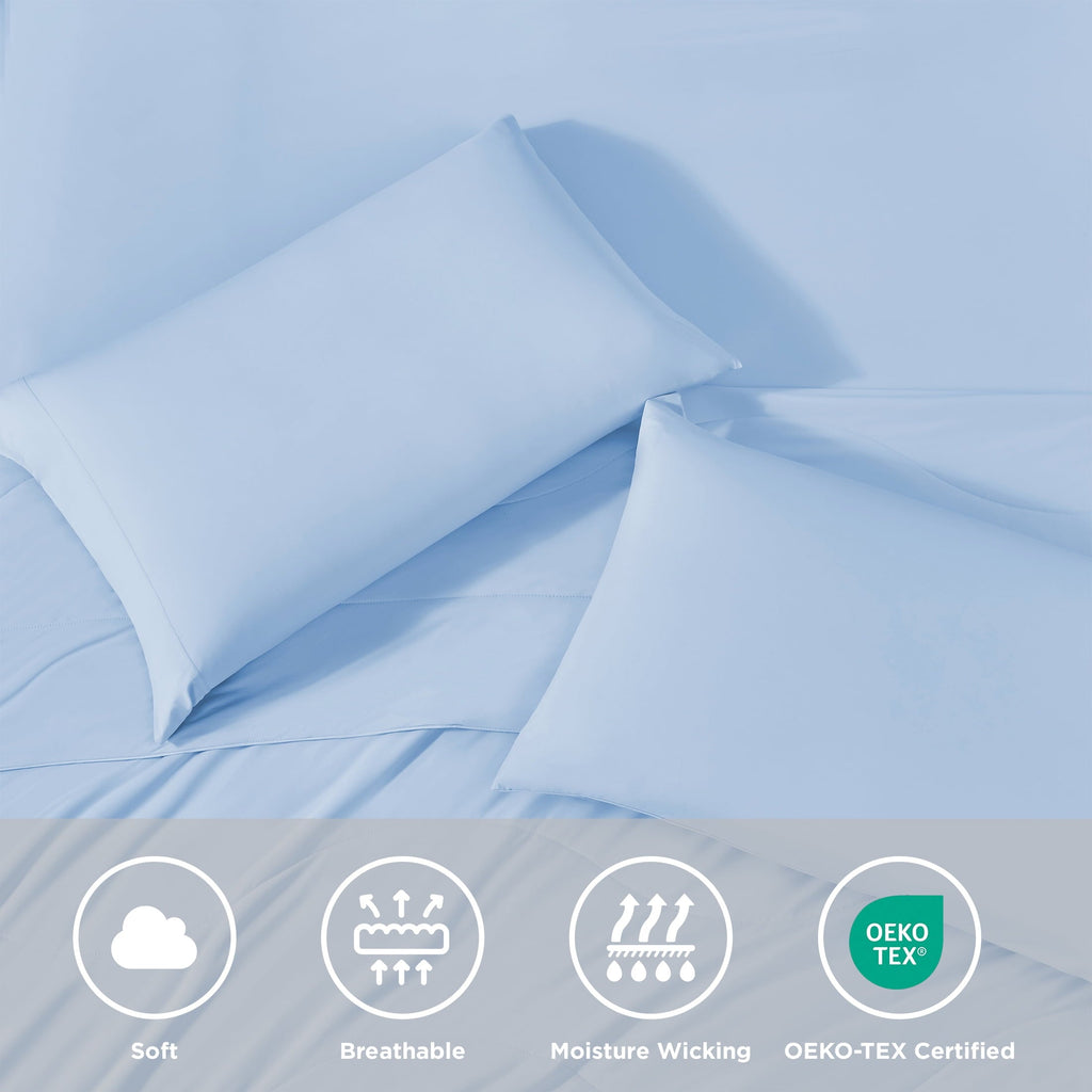 Cooling Sateen Full/QueenSize Sheet Set, 3 Piece Cooling Bed Sheet with Deep Pocket for Hot Sleepers, Ice Blue - Cooling Hotel Quality Bedding Sheets and Pillowcases Detail