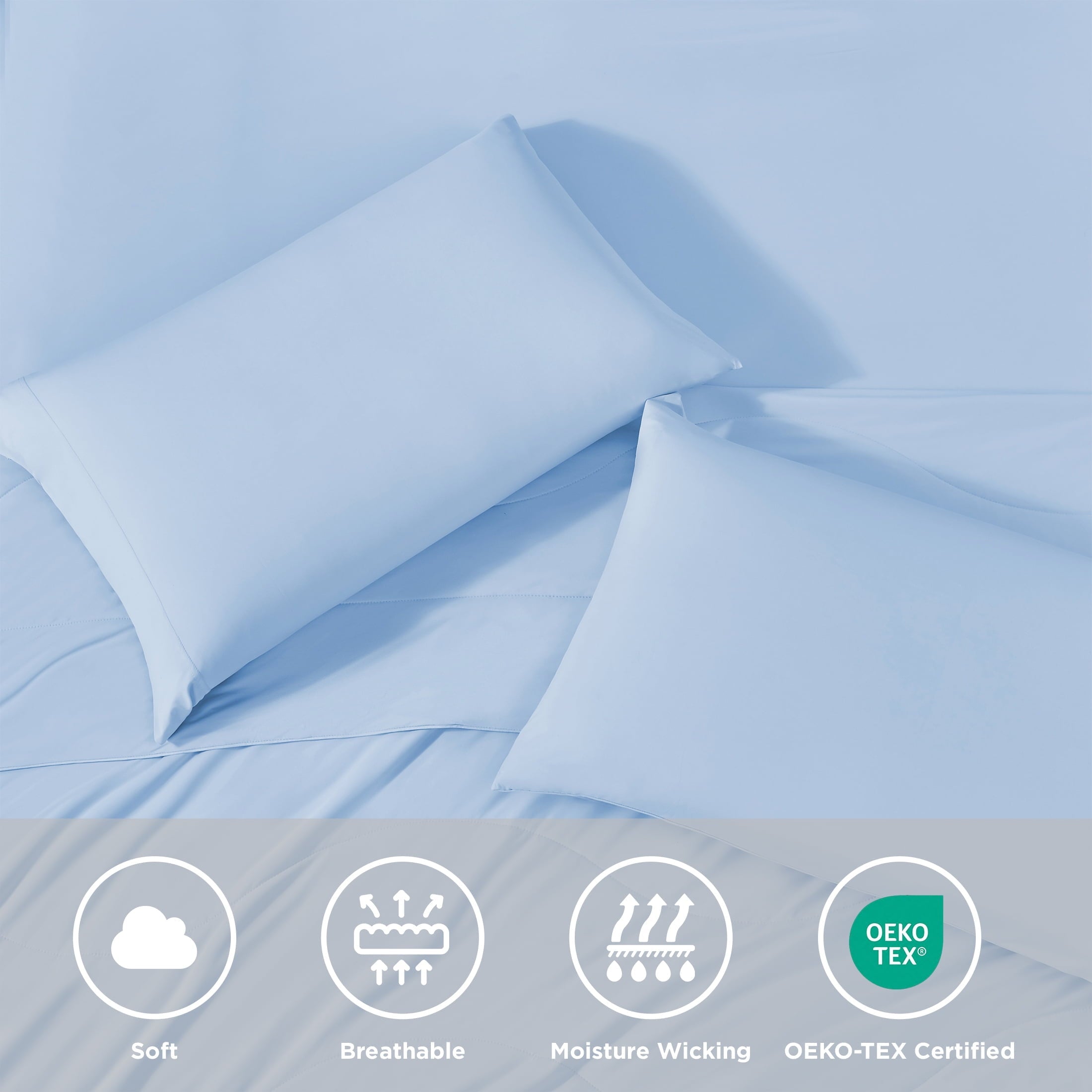 Cooling Sateen Full/QueenSize Sheet Set, 3 Piece Cooling Bed Sheet with Deep Pocket for Hot Sleepers, Ice Blue - Cooling Hotel Quality Bedding Sheets and Pillowcases Detail