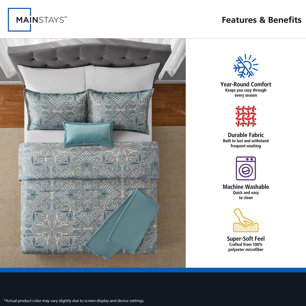 Heavyweight Warmth Full/Queen Comforter Set, All-Season, 5-Piece, Teal Jacquard Medallion - All-Season Down Alternative Comforter Insert Detail