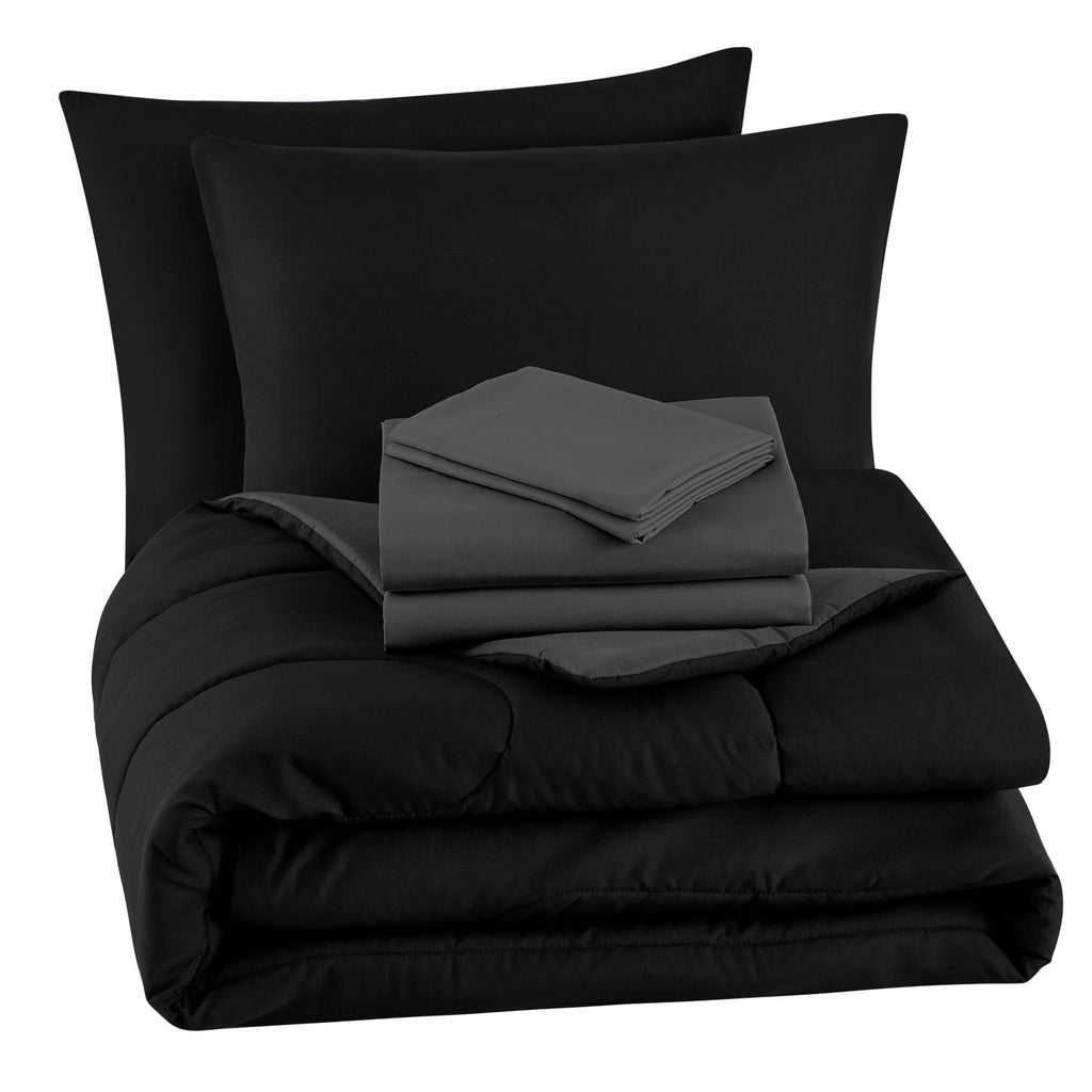 Luxurious Quilted 7 Piece Reversible Bed in a Bag Comforter Set with Sheets, Black, King - All-Season Down Alternative Comforter Insert Detail