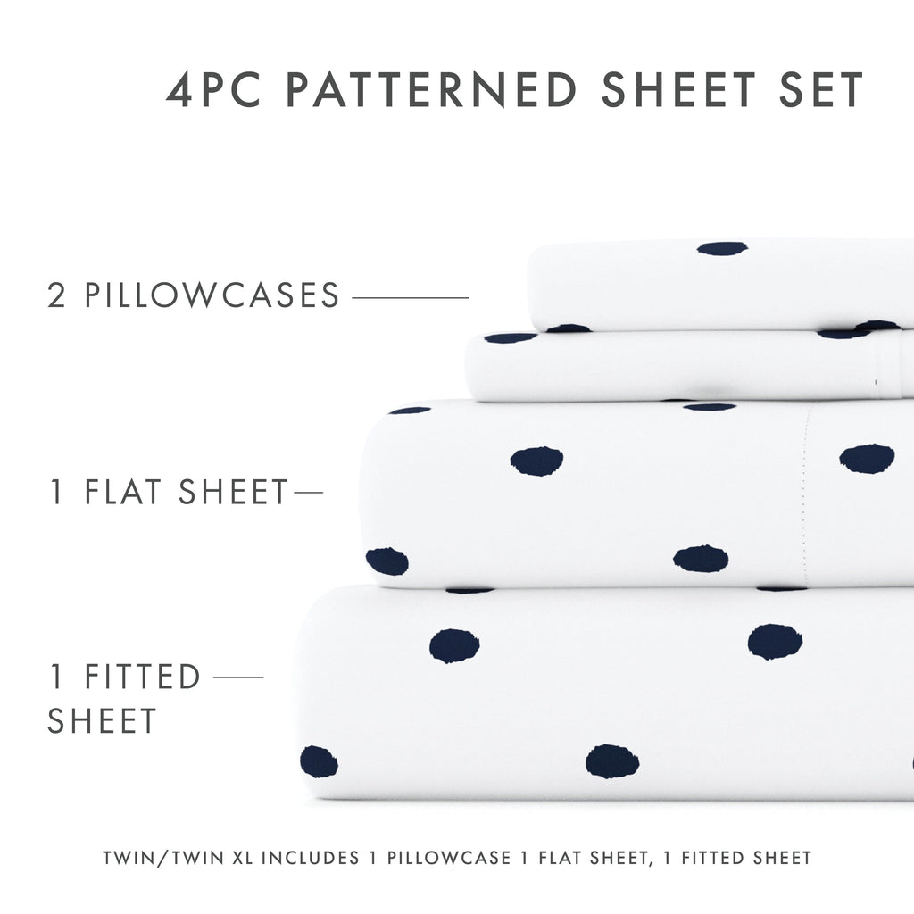 Premium Egyptian Cotton 4 Piece Pattern Microfiber Bed Sheets Set, Navy Dots, California King - Cooling Hotel Quality Bedding Sheets and Pillowcases Detail