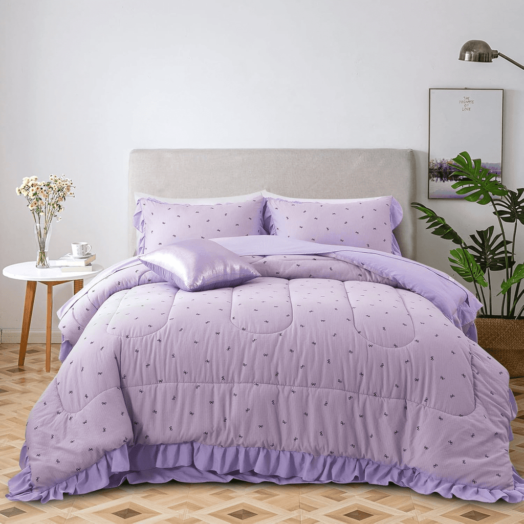 Heavyweight Warmth 6 Piece Delicate Bows Purple Bedding Set Ruffle Princess Style Comforter Set Bed in a Bag - All-Season Down Alternative Comforter Insert Detail