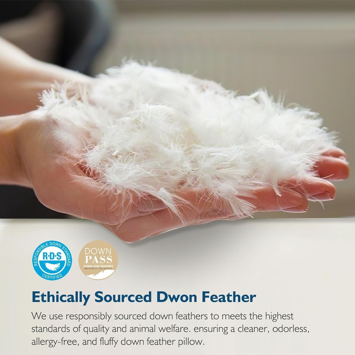 Fluffy Shredded Hypoallergenic 3‑Chamber Goose Feather Down Core Bed Pillows, Standard Size Set of 2, With Microfiber Surround, Soft-... - Ergonomic Memory Foam Pillow for Neck Pain Support Detail