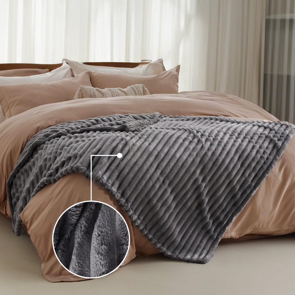 Lightweight Warm Grey Fleece Throw Blanket for Couch - Super Soft Cozy Blankets for Women, Girls, 50x60 inches - Luxury Knitted Decorative Throw Blanket with Fringes Detail